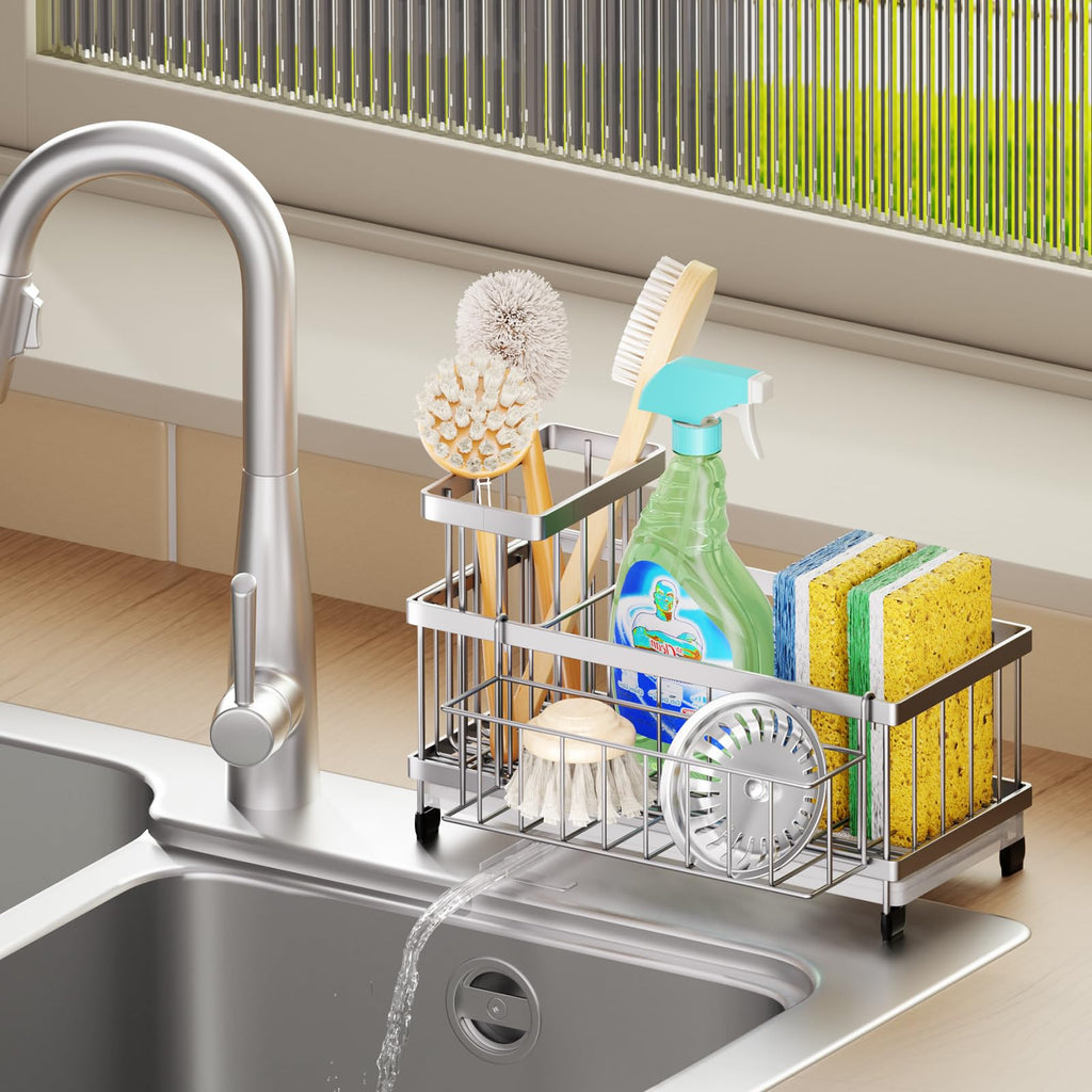 SWTYMIKI Sponge Holder for Kitchen Sink - Sink Caddy with Brush Holder Self-draining Sponge Caddy Organizer with Divider Stainless Steel Kitchen Accessories Storage for Countertop, Black