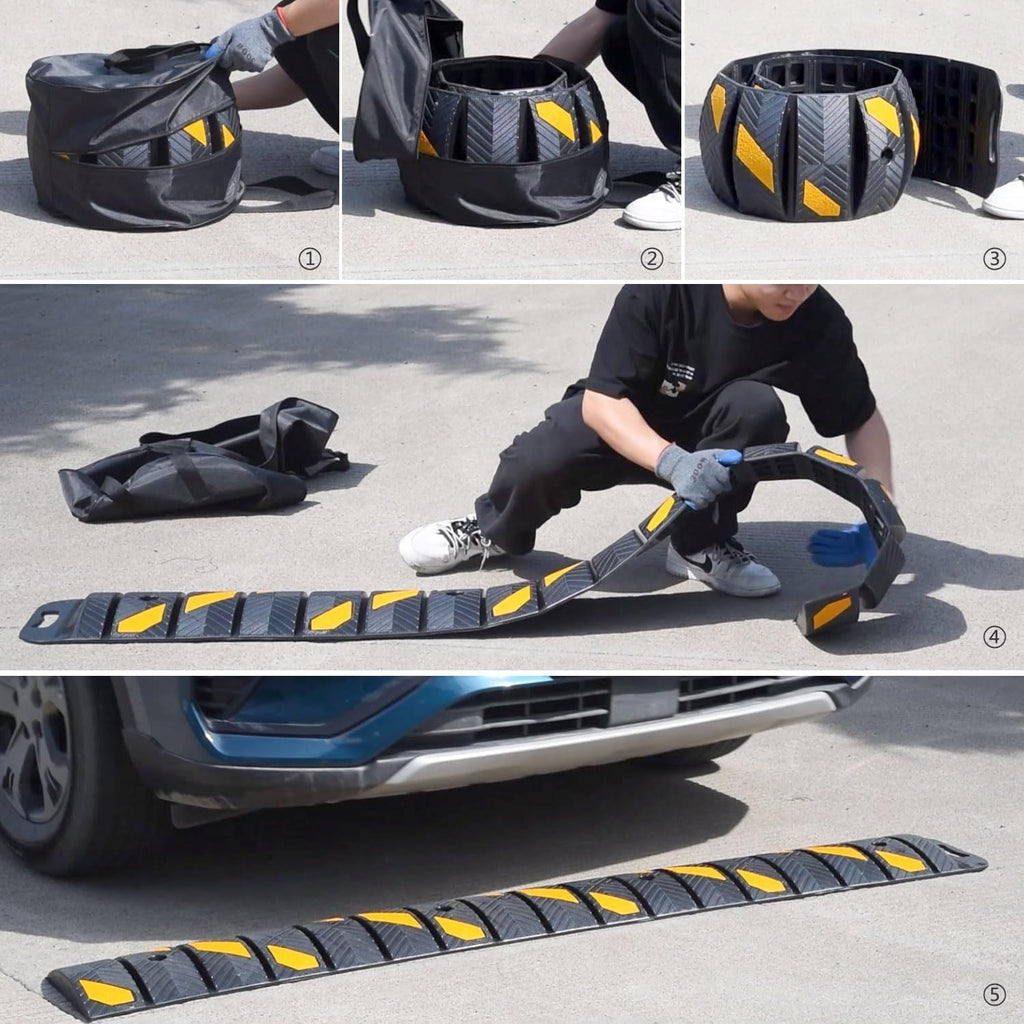 72" x 10" x 2" inch Portable Speed Bump Hump, 6' Feet Durable Collapsible Road Safety Bumps, Vehicles Hump Bumps for Asphalt Concrete Gravel Garage Driveway Roads Parking (72" Curlable Bump)