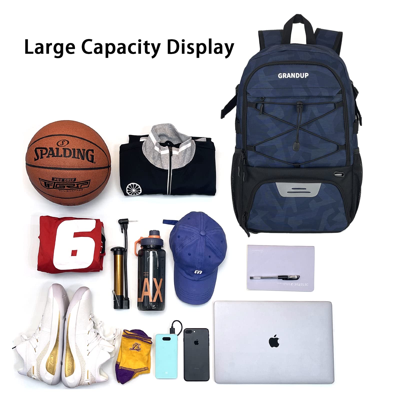GRANDUP Basketball backpack with ball and shoes compartment Fit Volleyball, soccer, Swim, Gym, Travel, and School, large capacity sports training equipment bags