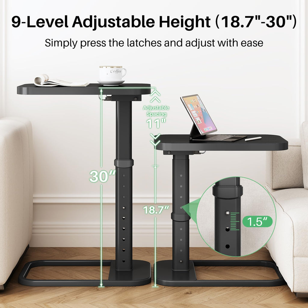 Kitstorack TV Tray Table, Adjustable Height & Rounded Metal Corners, Snack Table for Couch, Sofa, Bed, Chair, Living Room, C Shaped End Side Table for Eating, Dinner or Laptop, Small Spaces, Black