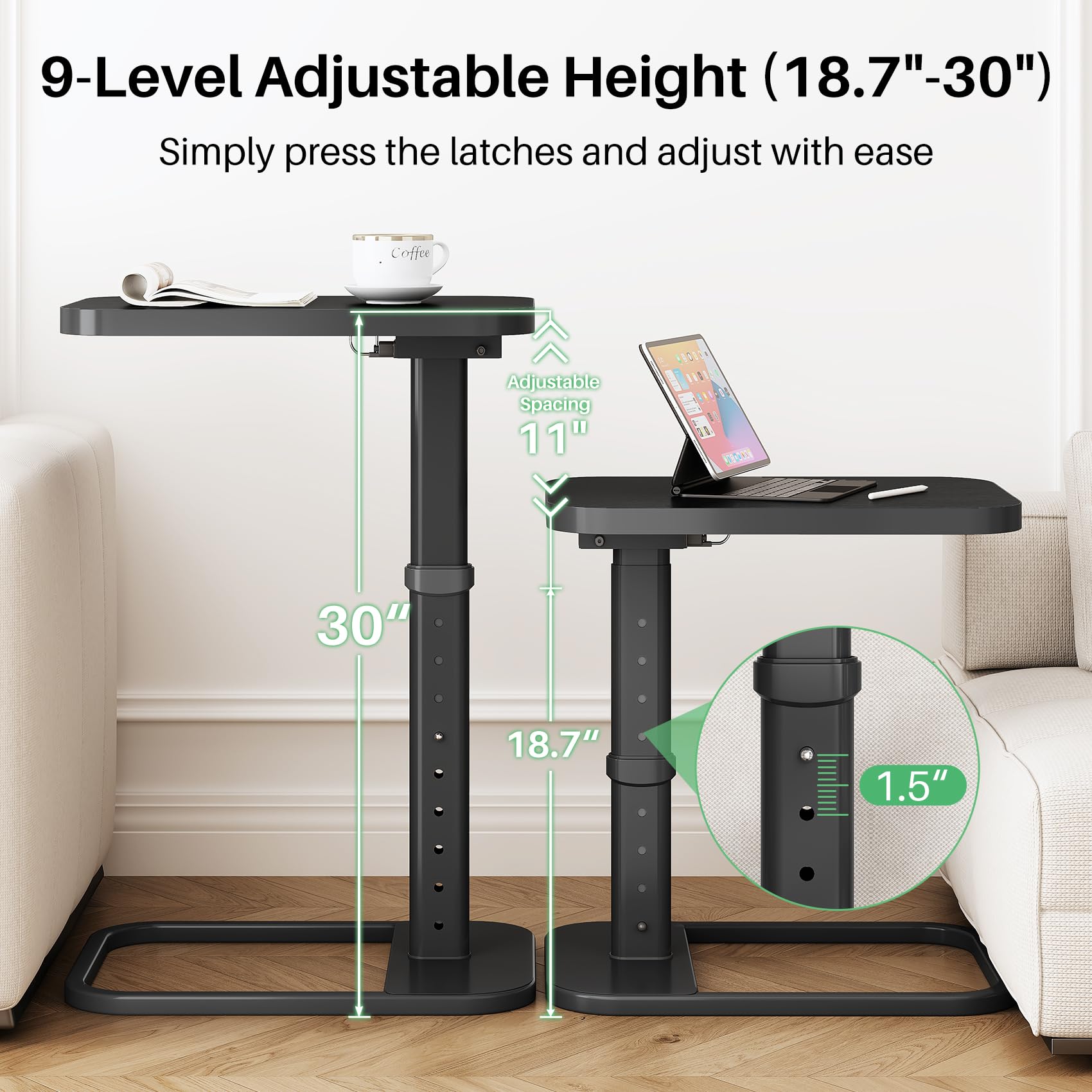 Kitstorack TV Tray Table, Adjustable Height & Rounded Metal Corners, Snack Table for Couch, Sofa, Bed, Chair, Living Room, C Shaped End Side Table for Eating, Dinner or Laptop, Small Spaces, Black