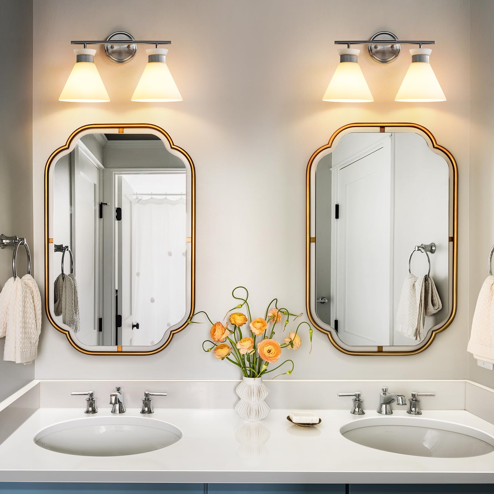 WOSHITU Gold Bathroom Light Fixtures: Modern Vanity Lighting Fixtures 2 Lights for Bathroom Mid Century Vanity Light Sconces Over Mirror with Frosted Milky Glass for Bath Bedroom Makeup