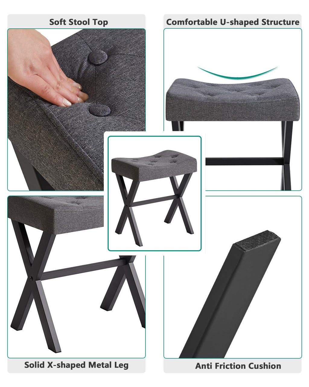 IBUYKE U-Shaped PU Vanity Stool, Square Makeup Chair with X-Leg, Ottoman Seat Footrest Stool, Multi-Use as Small Side Table, for Bedroom, Living Room, Black WBD019B