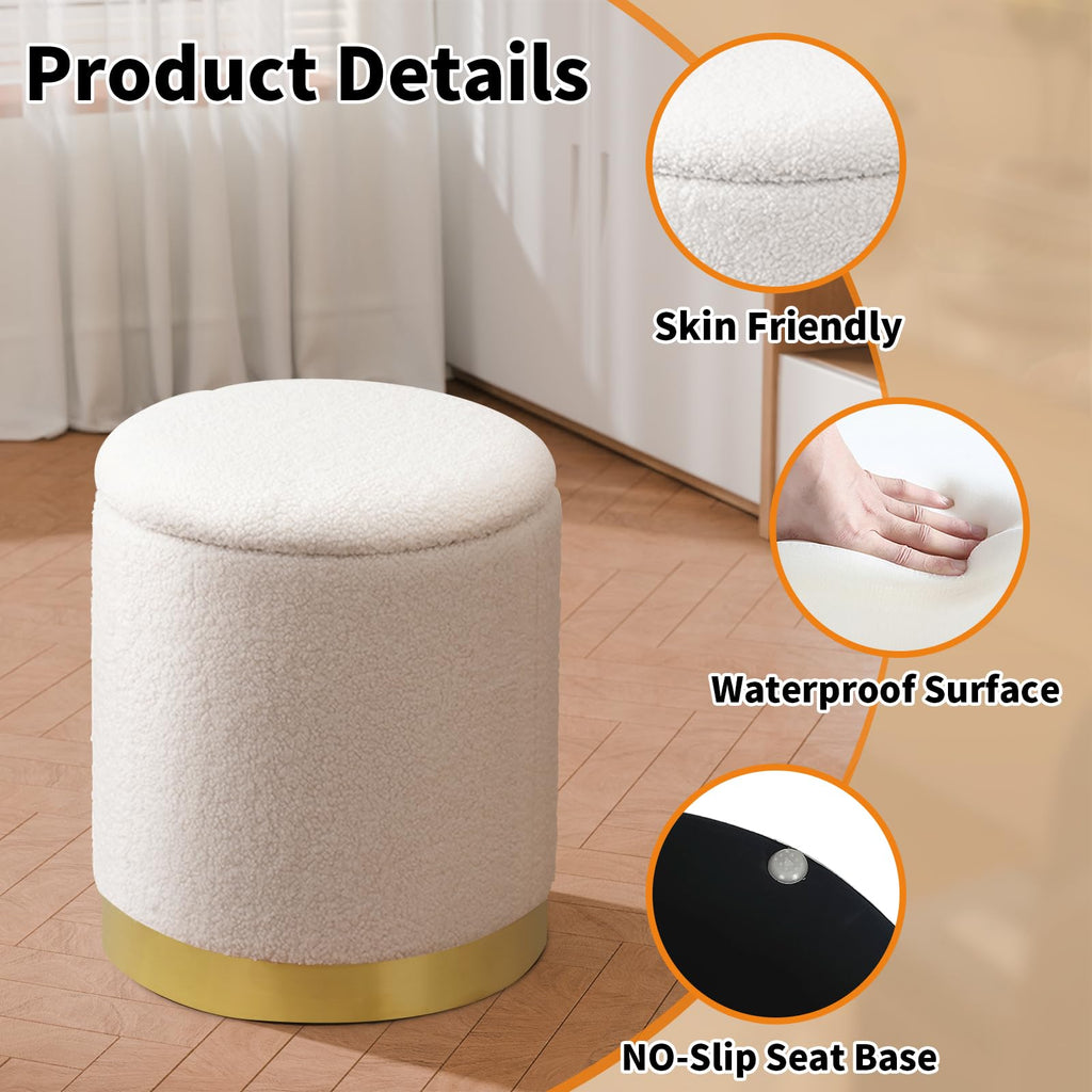 Joveco Boucle Round Ottoman with Storage,Vanity Stool with Storage for Bedroom, Ottoman Coffee Table,Small Boucle Foot Stool for Living Room, Black with Gold Plating