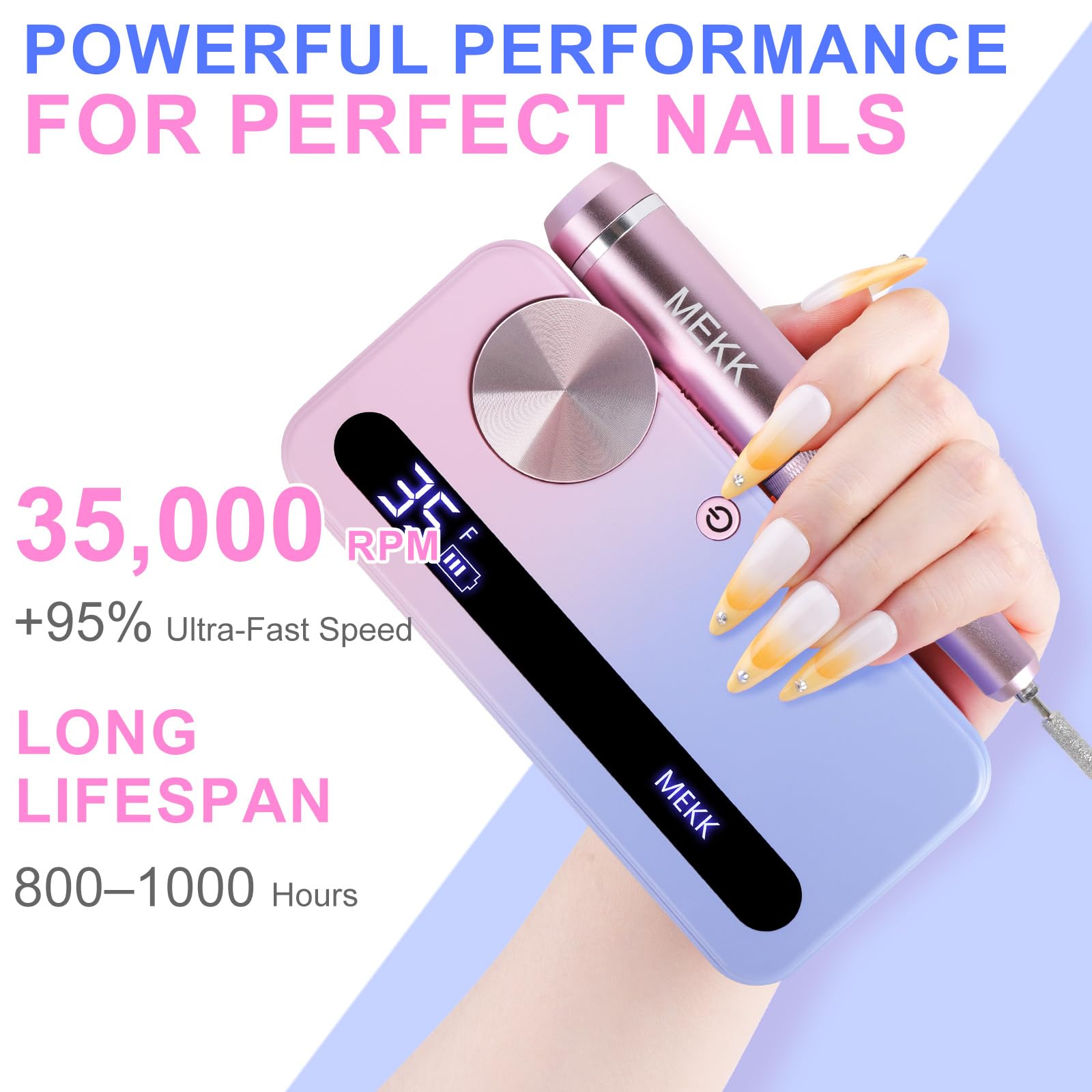MEKK Nail Drill Kit,35000RPM Electric Nail Drill Professional Electric Nail File with 12PCS Bits,Anti-Shaking Cordless E Filer for Nails with LCD Display,Home & Salon (Orange Blue)