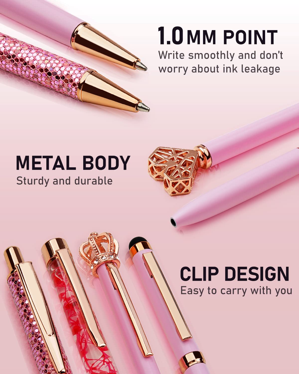 WEMATE 8Pcs Ballpoint Pens Set Metal Crystal Diamond Pen Glitter for Journaling Black Pen Bling in Black & Blue Ink Pretty Cute Pens Fancy Pens Gifts for Women Wedding School Office Desk(Black)