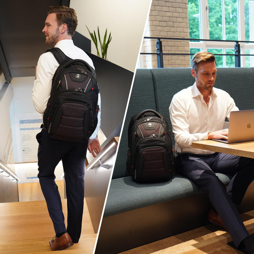 Swissdigital Design Travel Backpack for Women or Men, TSA Friendly USB Charging RFID Protection Business Carry on Bag Fits 15.6" Laptop Backpack Black | J14-BR