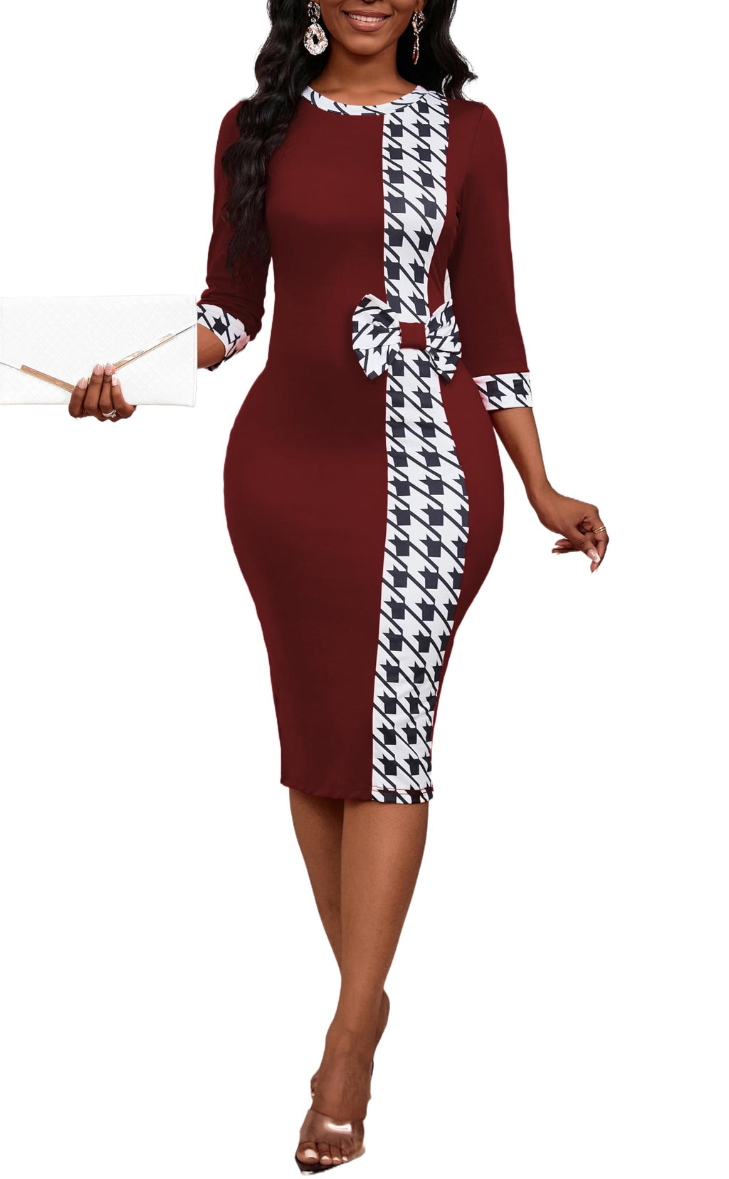 PerZeal Women's 3/4 Sleeve Round Neck Casual Houndstooth Bodycon Wear to Work Pencil Sheath Midi Dresses