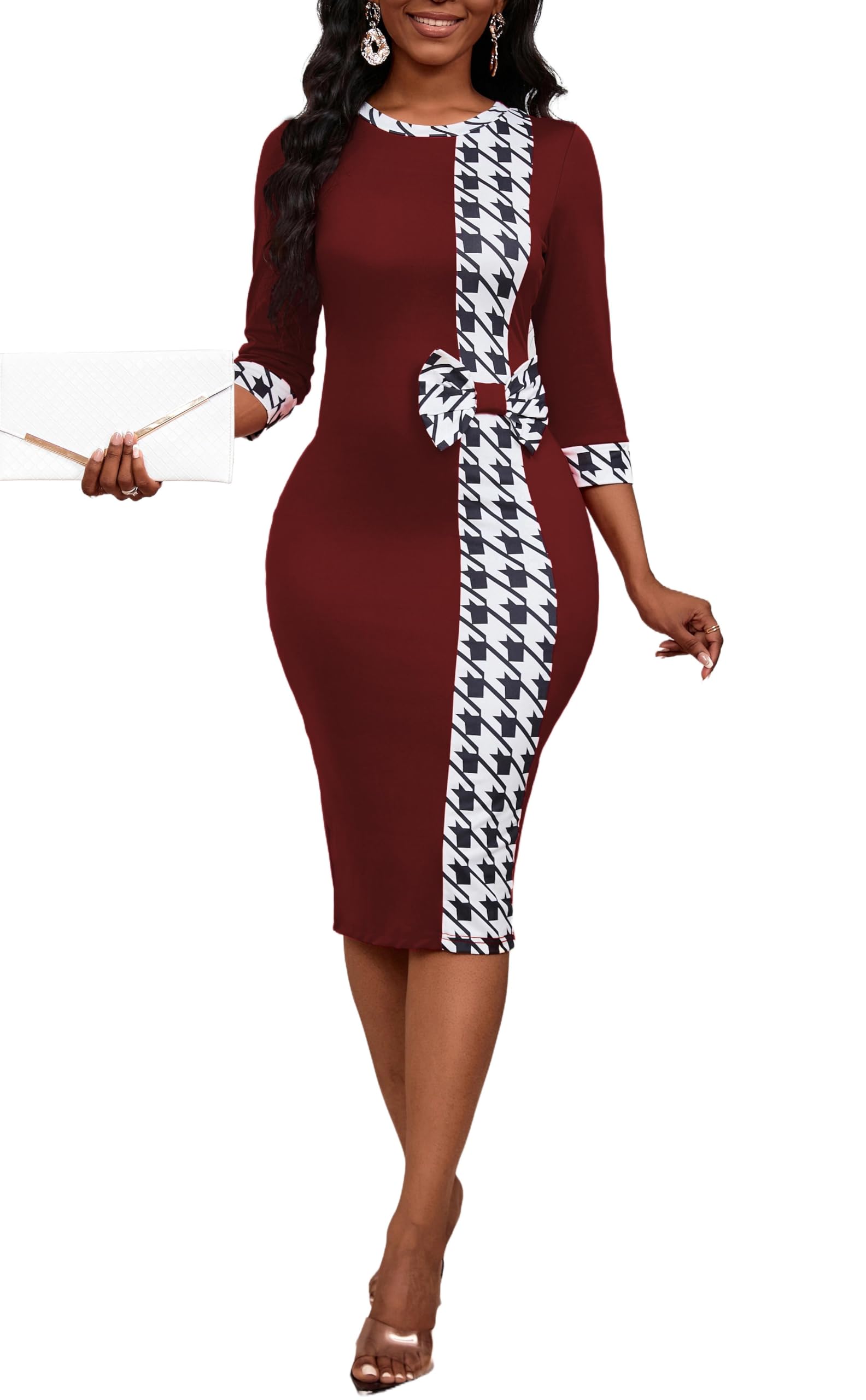 PerZeal Women's 3/4 Sleeve Round Neck Casual Houndstooth Bodycon Wear to Work Pencil Sheath Midi Dresses