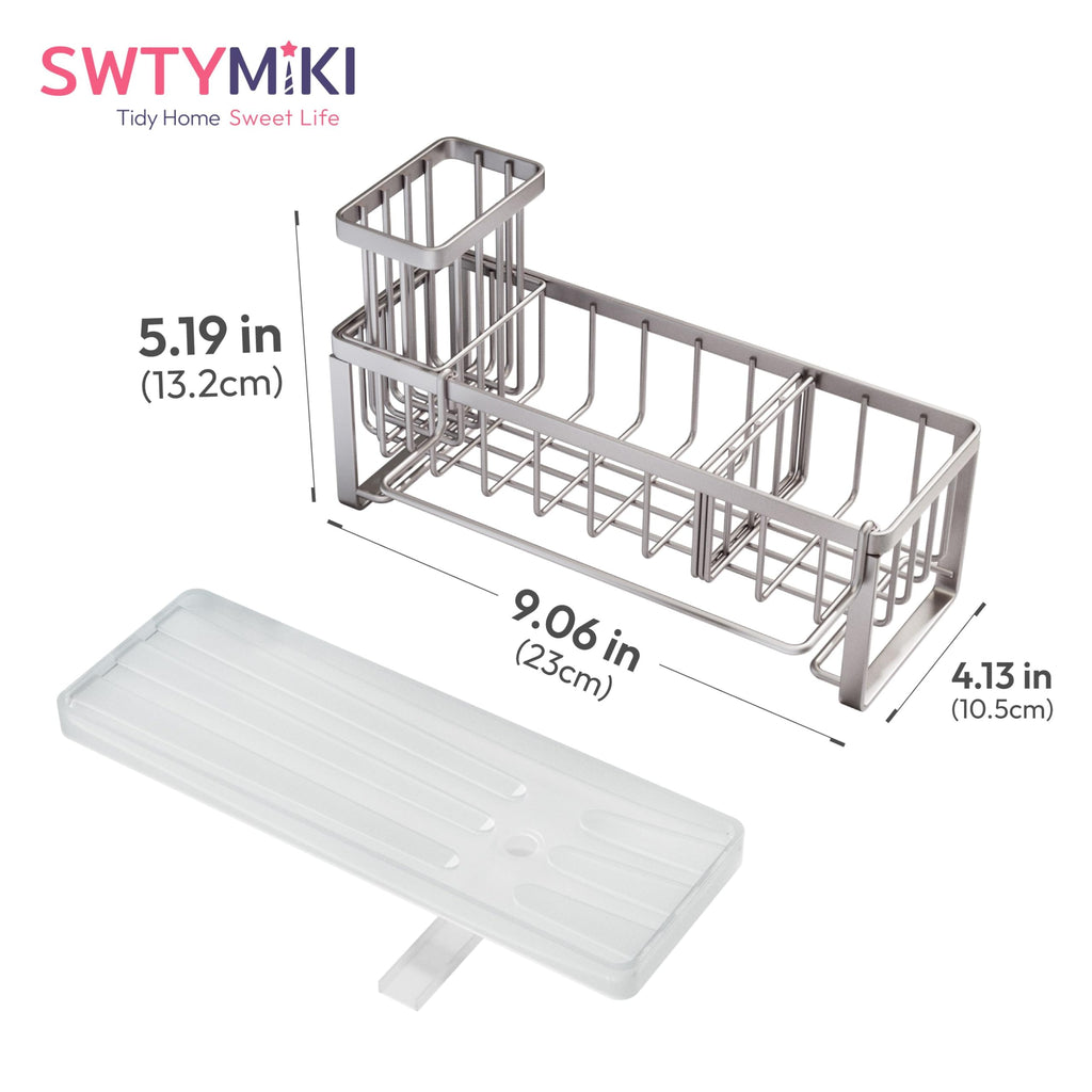 SWTYMIKI Sponge Holder for Kitchen Sink - Sink Caddy with Brush Holder Self-draining Sponge Caddy Organizer with Divider Stainless Steel Kitchen Accessories Storage for Countertop, Black