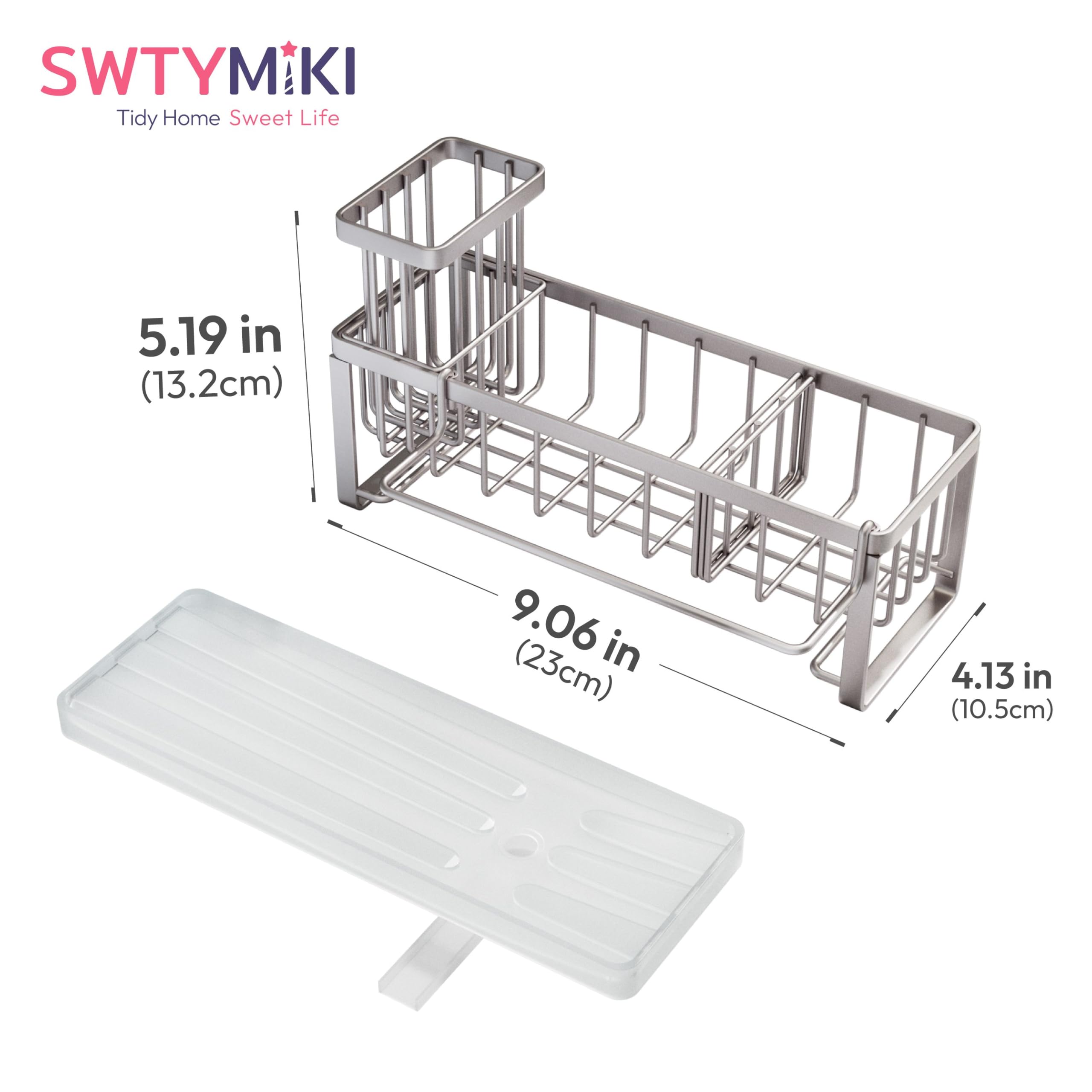 SWTYMIKI Sponge Holder for Kitchen Sink - Sink Caddy with Brush Holder Self-draining Sponge Caddy Organizer with Divider Stainless Steel Kitchen Accessories Storage for Countertop, Black