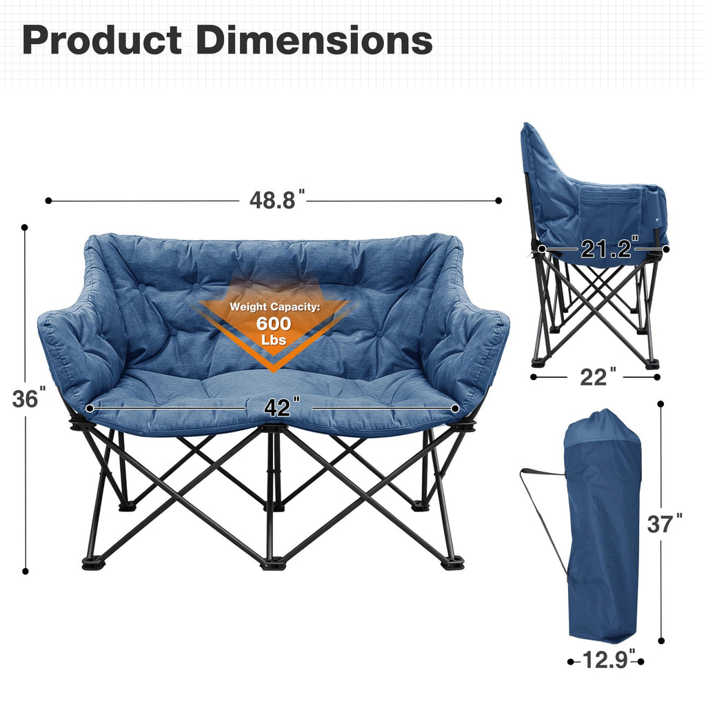 Double Camping Chair Heavy Duty Oversized Padded Loveseat for Adults 2 Person Outdoor Portable Camping Chairs for Lawn, Backyard, Fishing, Trip, Support 600lbs, Grey
