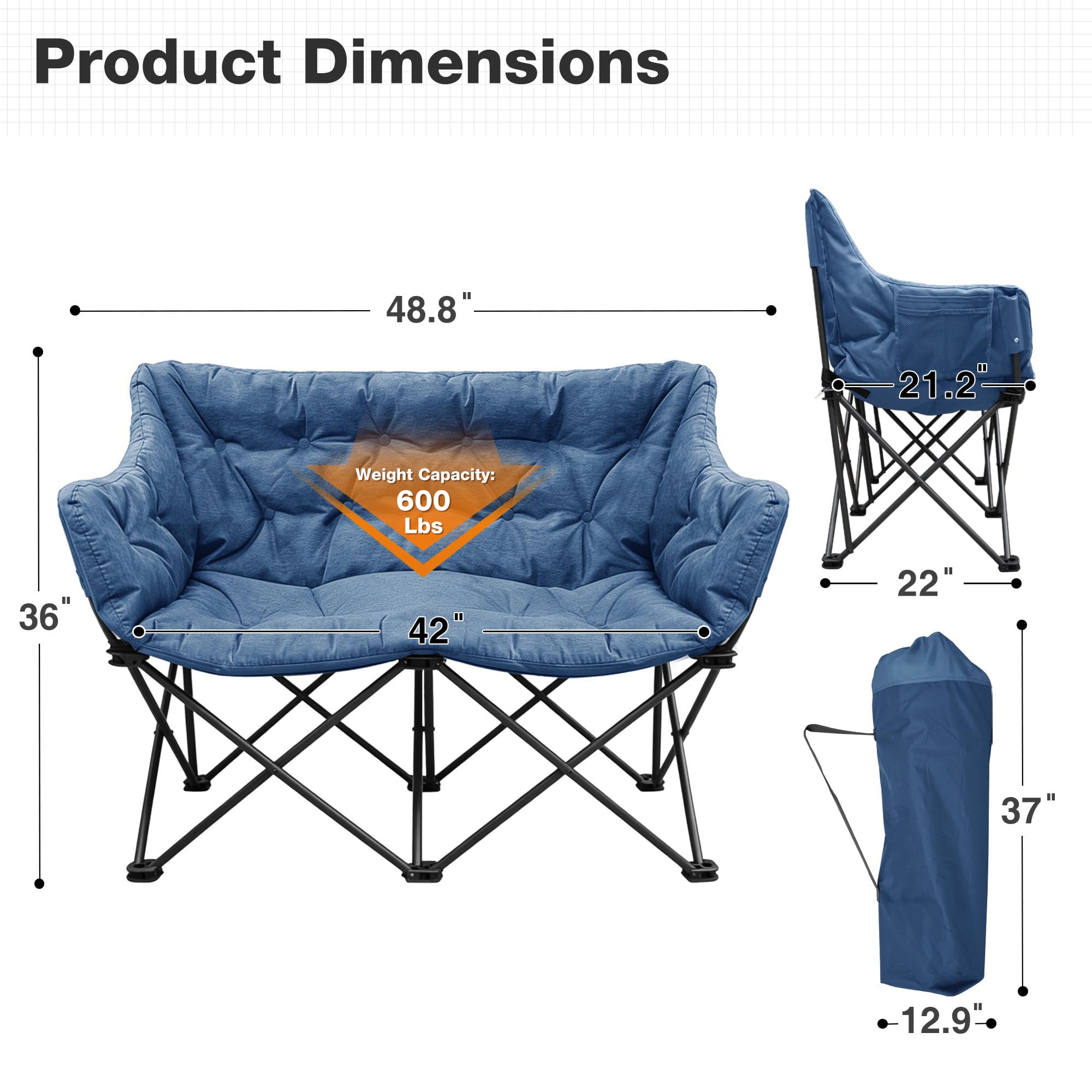Double Camping Chair Heavy Duty Oversized Padded Loveseat for Adults 2 Person Outdoor Portable Camping Chairs for Lawn, Backyard, Fishing, Trip, Support 600lbs, Grey