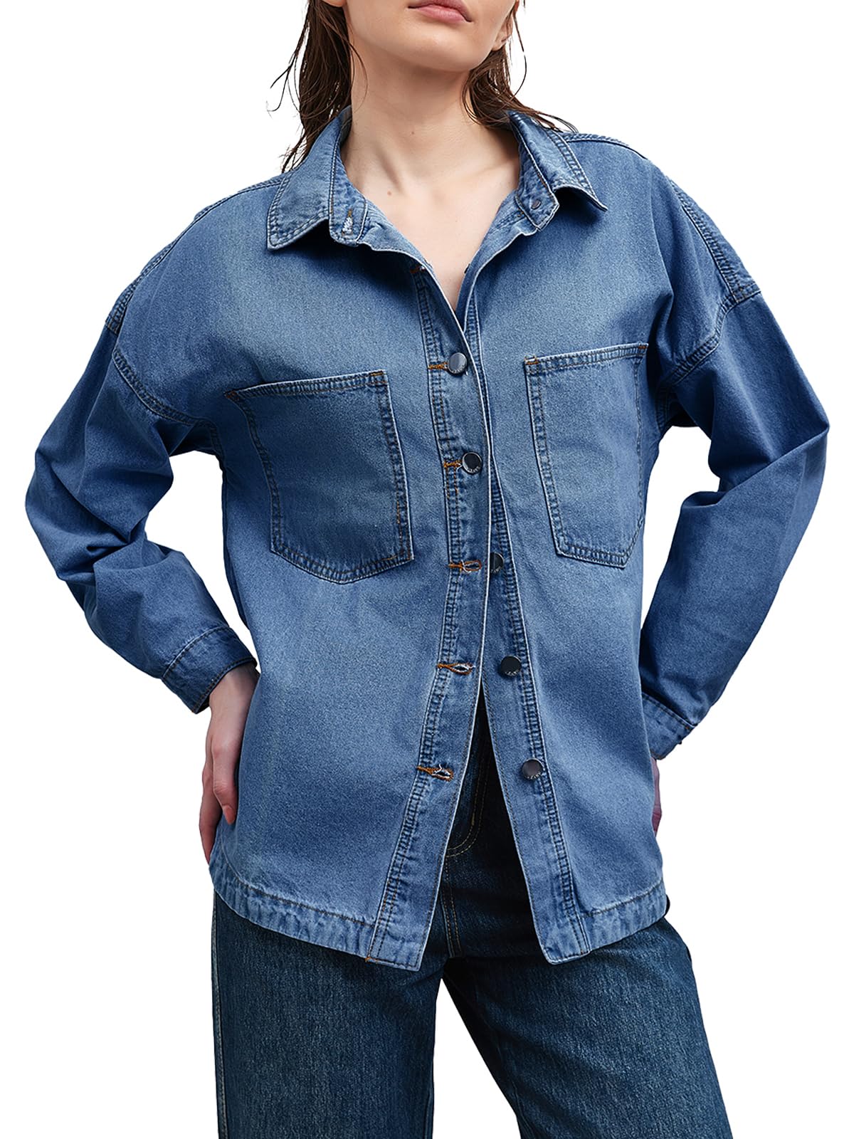 LifeShe Women Denim Shirt Jean Jacket Oversize Button Down Shirt Long Sleeve Jean Tops Trendy Shackets