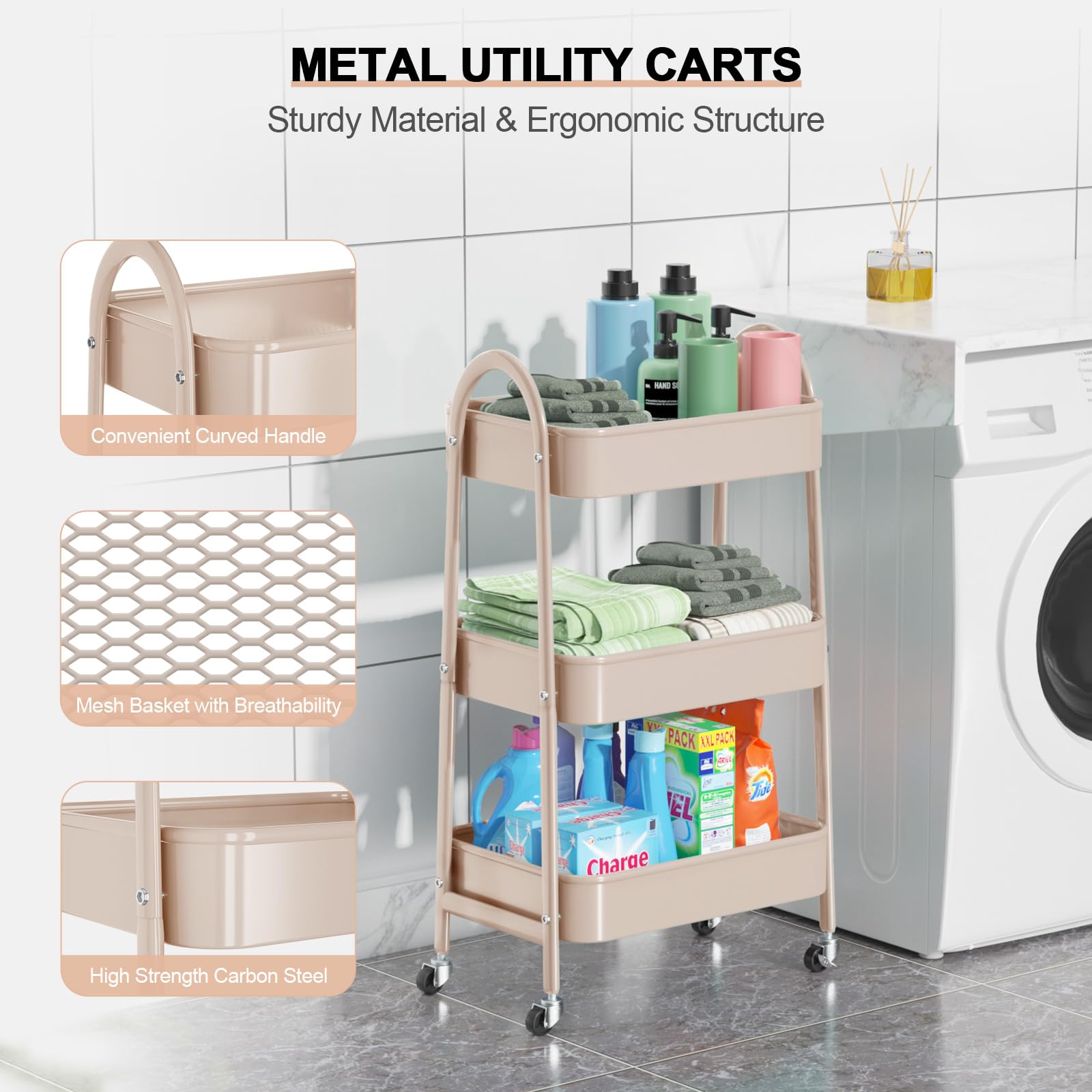 EAGMAK 3 Tier Rolling Cart, Large Metal Storage Cart with Handle and Lockable Wheels, Big Multifunctional Storage Organizer Trolley with Mesh Baskets for Kitchen, Living Room, Office, Garage (Beige)