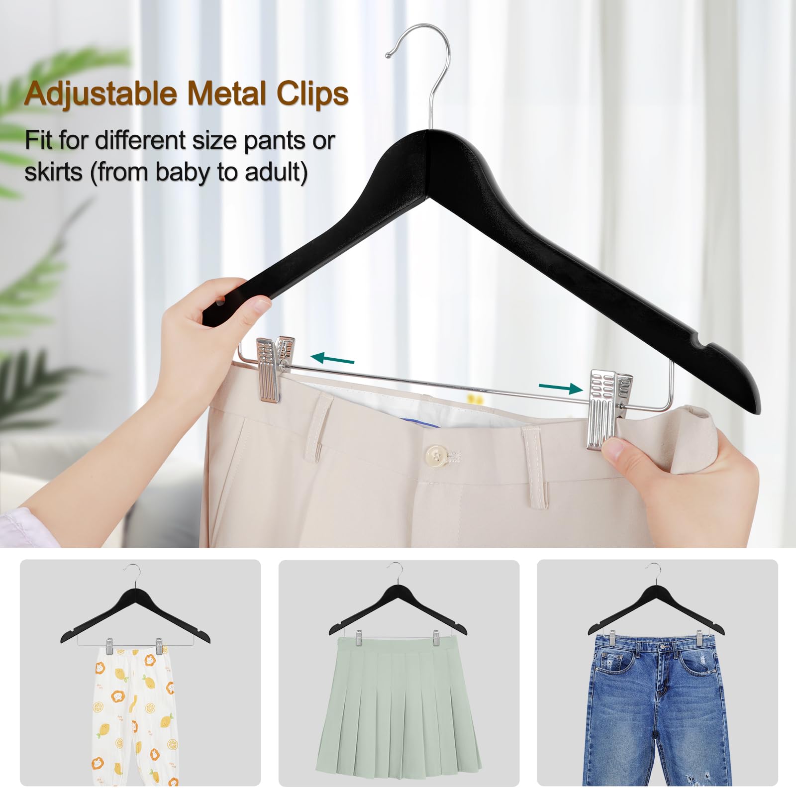 TOPIA HANGER Wooden Suit Hangers with Adjustable Metal Clips (10 Pack), Solid Wood Clothes Hangers, 360° Swivel Hook, Premium Retro Finish Pants Hangers for Clothes Coat, Jeans, Blouse-CT28A