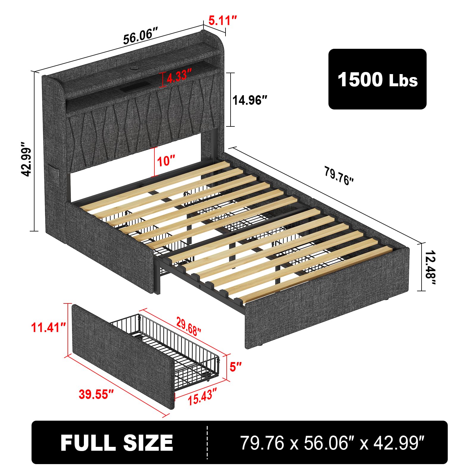 Queen Bed Frame 1500LBS Heavy Duty, 2-Tier Storage Headboard & 4 Drawers, Upholstered Metal Platform with Thicker Wooden Slats, Charging Station & LED Lights, No Box Spring Needed, Easy Assembly, Grey