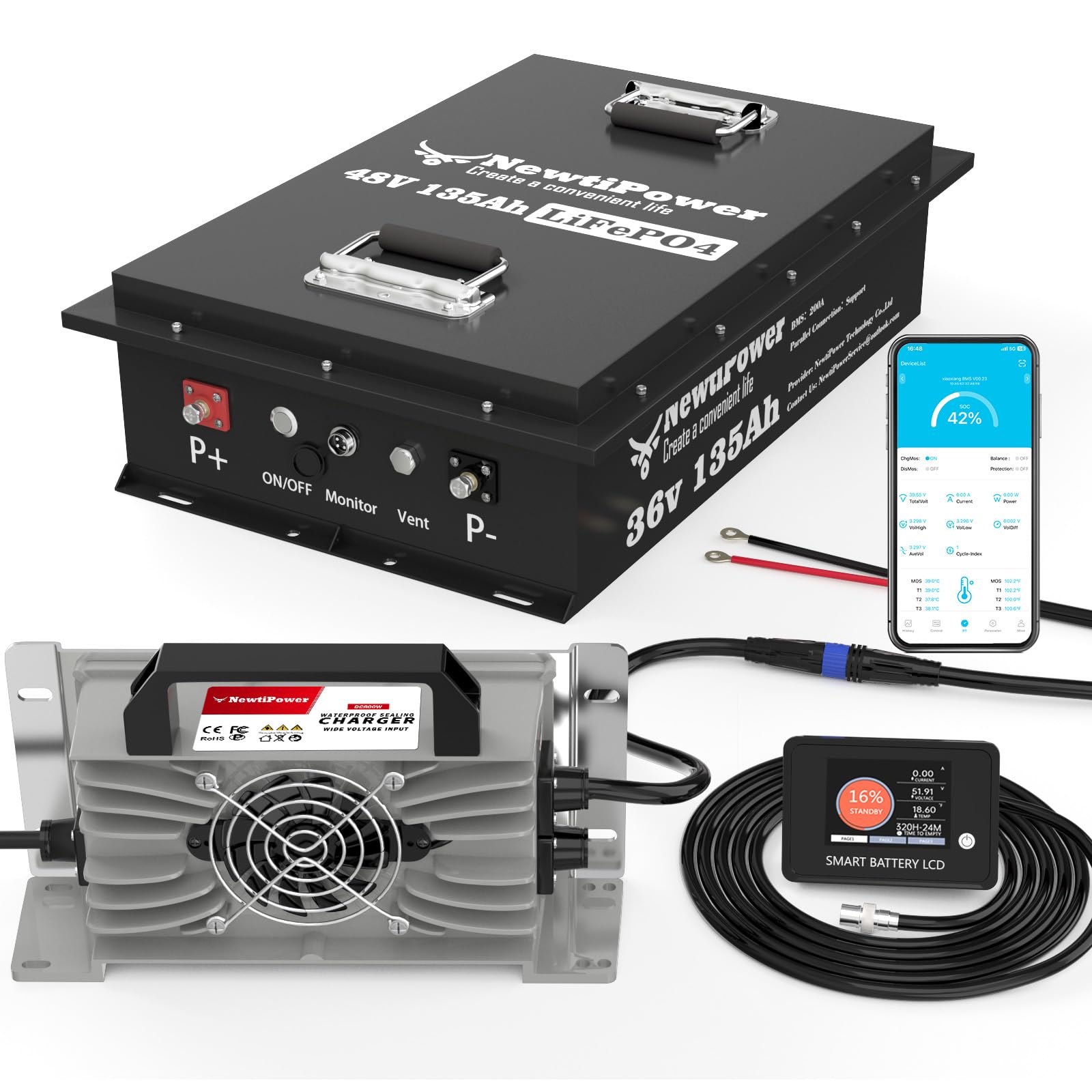 36V 100Ah Golf Cart LiFePO4 Battery with APP&Chager&Monitor,7.6KW Continuous Power Lithium Battery with 200A BMS, Up to 10000+ Rechargeable Cycles, Perfect for golf cart