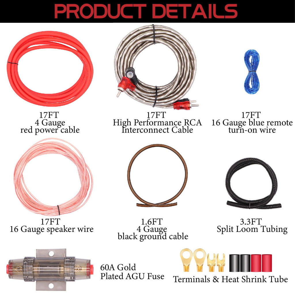 0 Gauge Amp Wiring Kit,3000 Watt Amplifier Sub Installation Kit Make Connections and Brings Power to Your Radio,Subwoofers and Speakers