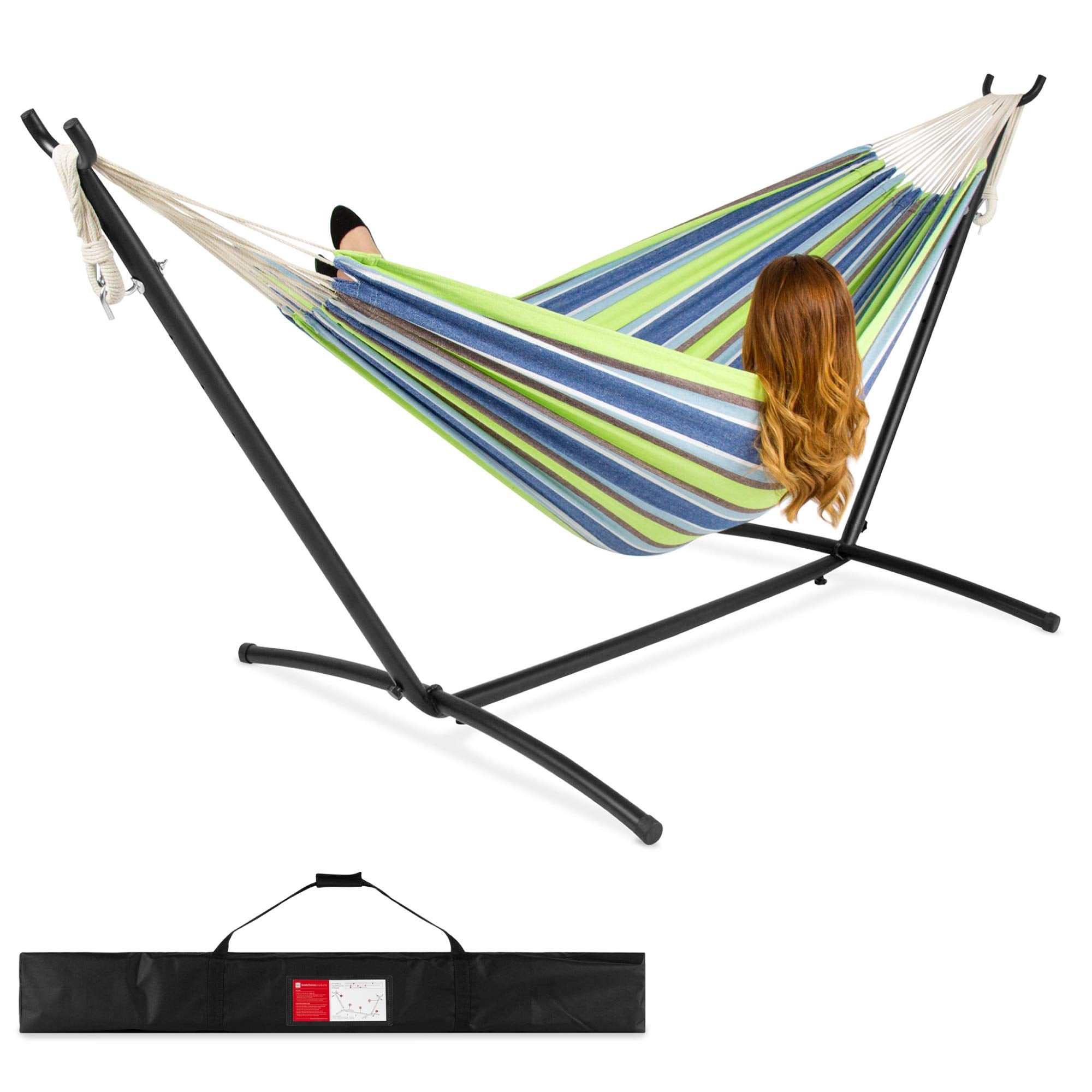 Best Choice Products Double Hammock with Steel Stand, Indoor Outdoor Brazilian-Style Cotton Bed w/Carrying Bag, 2-Person Capacity - Abyss