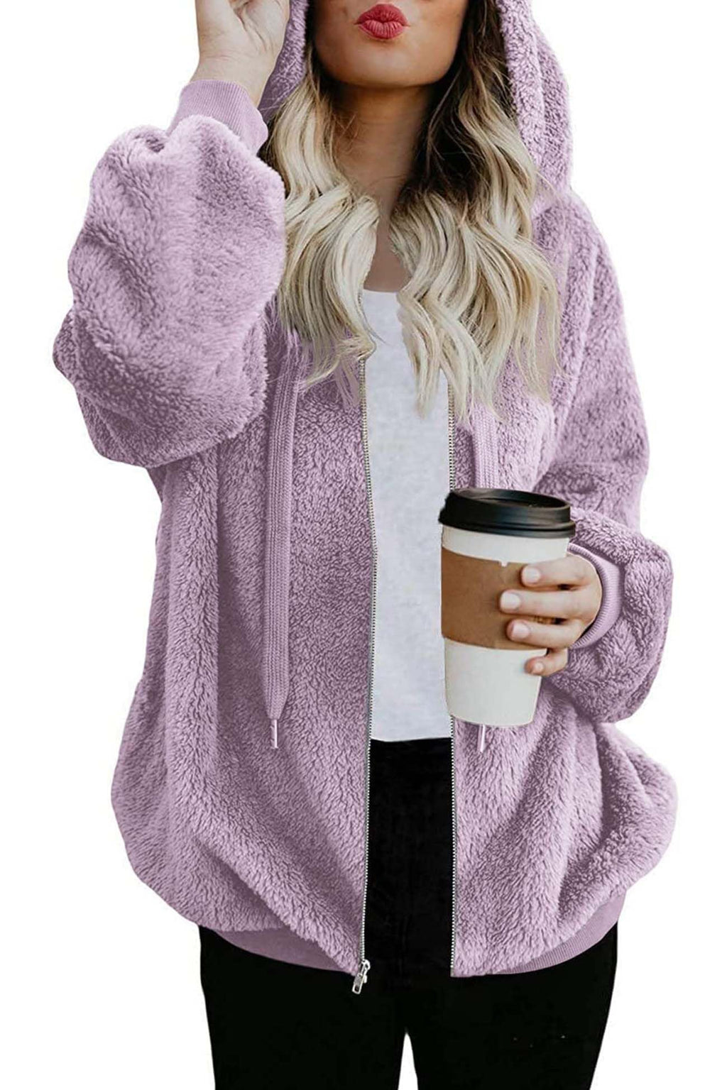 ReachMe Womens Oversized Sherpa Jacket Fuzzy Fleece Zip Up Hoodies with Pockets Warm Fall Outfits Winter Coats