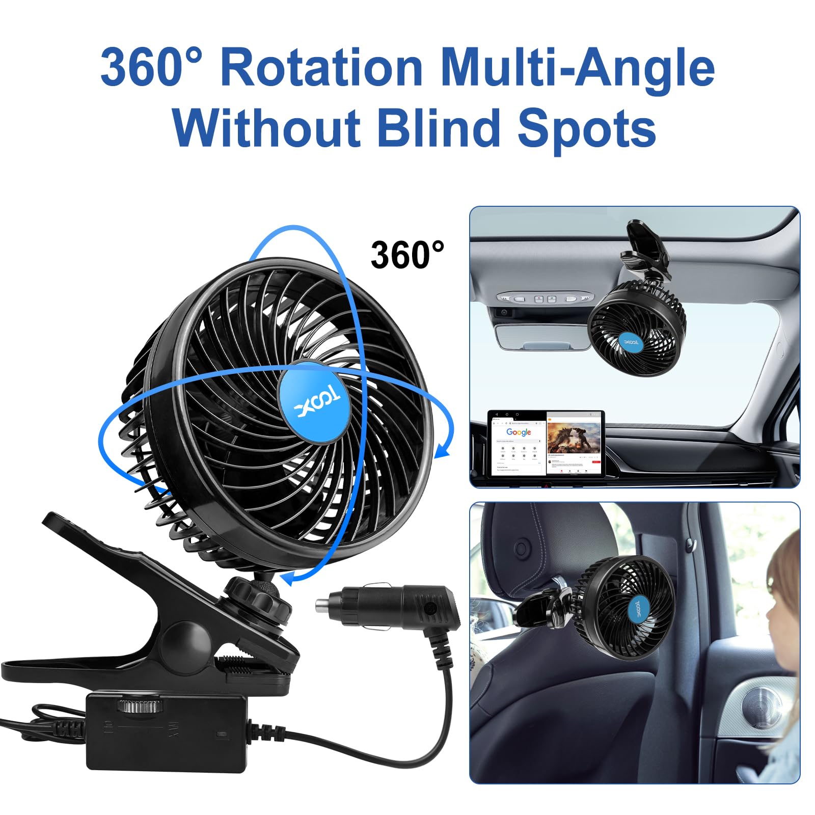 XOOL Clip Car Fan, 9 Inches 12V/24V Fan, 360° Rotatable Electric Cooling Clip on Fan with Stepless Speed Regulation for SUV, RV, Truck