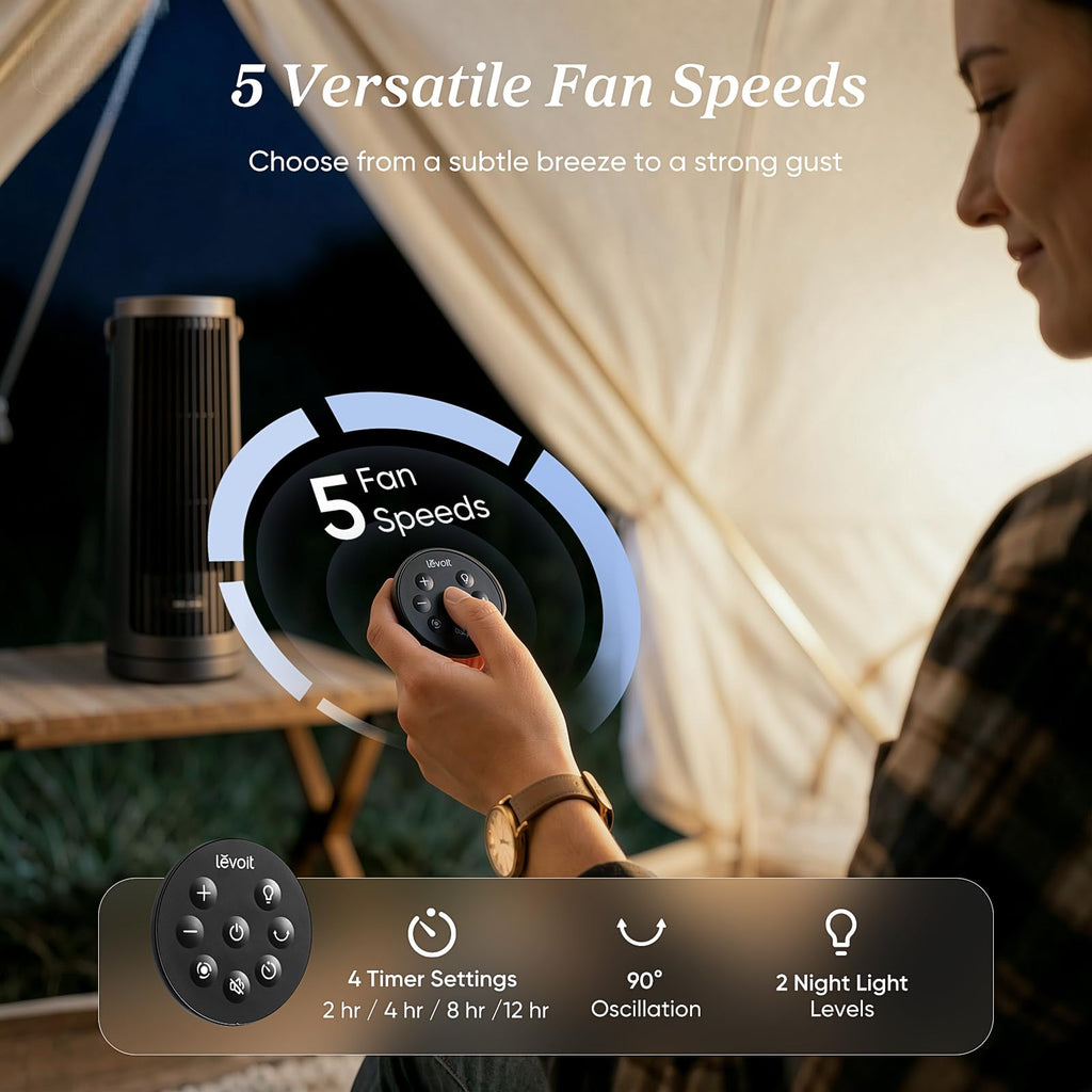 LEVOIT Tower Fan for Bedroom, 90° Oscillating Standing Fan with 28dB Quiet for Sleep, 25ft/s Velocity, 12H Timer, 5 Speeds 4 Modes, Remoter, Bladeless Room Fan for Home, Office, Indoor, 36 inch, White