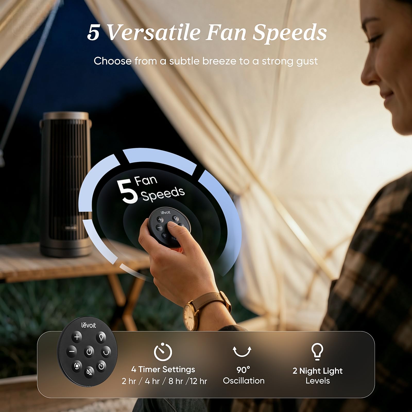 LEVOIT Tower Fan for Bedroom, 90° Oscillating Standing Fan with 28dB Quiet for Sleep, 25ft/s Velocity, 12H Timer, 5 Speeds 4 Modes, Remoter, Bladeless Room Fan for Home, Office, Indoor, 36 inch, White
