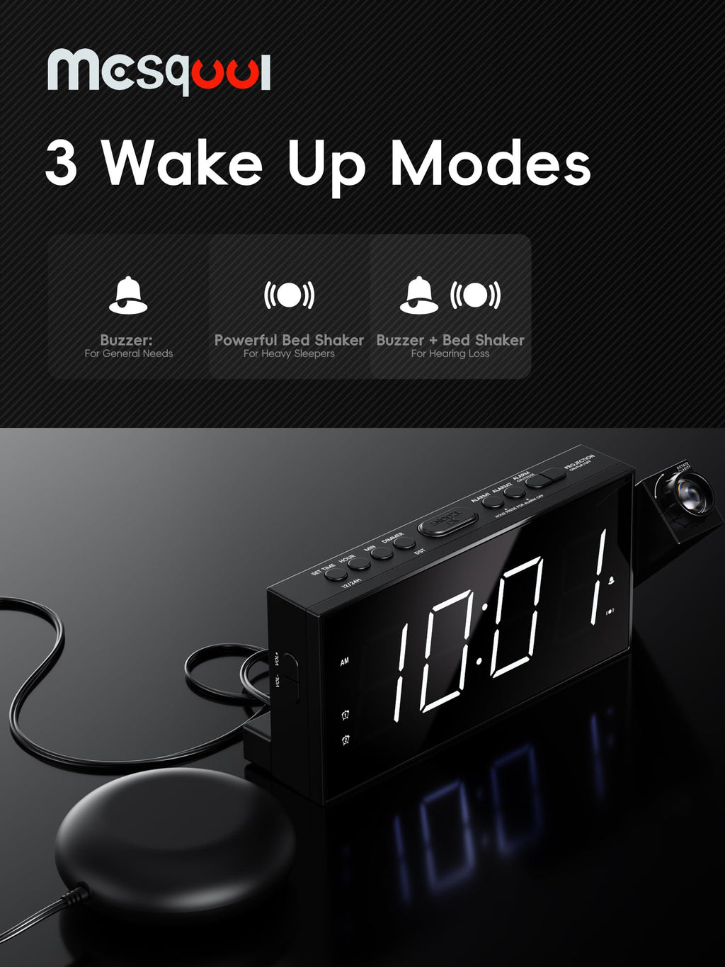 Digital Projection Alarm Clocks for Bedrooms - Large LED Display, 180° Rotatable Projector, 5-Level Dimmer,USB Charger,Battery Backup,Loud Dual Alarms for Kids Elderly,Heavy Sleepers,Snooze,12/24H,DST