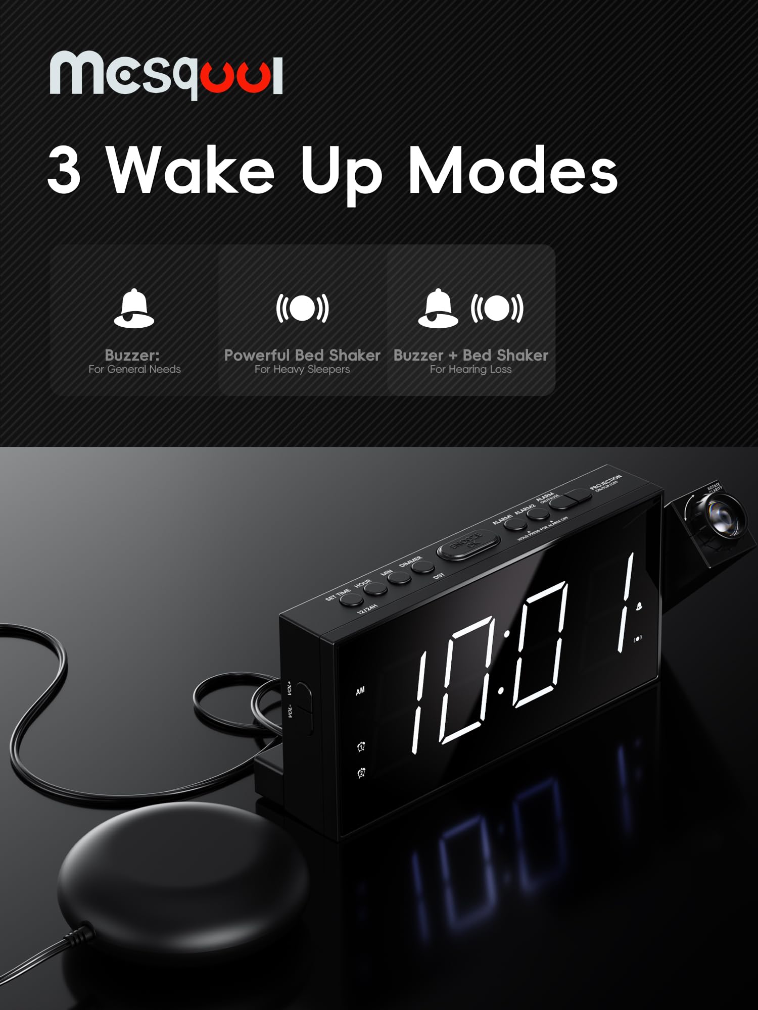 Digital Projection Alarm Clocks for Bedrooms - Large LED Display, 180° Rotatable Projector, 5-Level Dimmer,USB Charger,Battery Backup,Loud Dual Alarms for Kids Elderly,Heavy Sleepers,Snooze,12/24H,DST