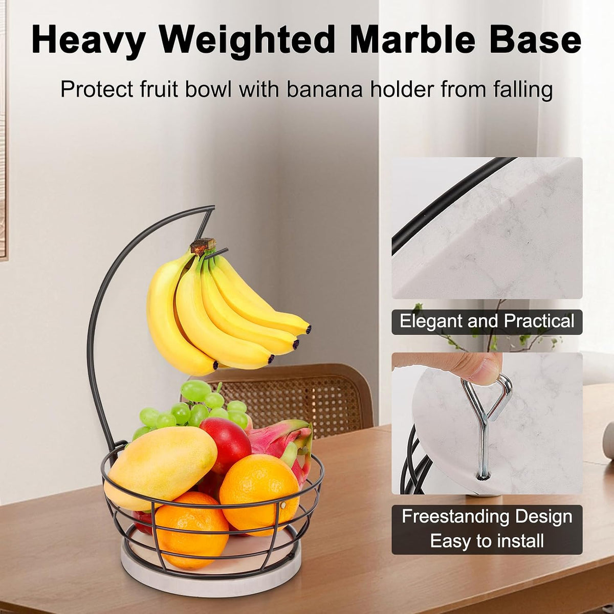 Countertop Fruit Basket Bowl with Banana Hanger, Modern Standing Fruit Vegetable Bowl Storage, with Banana Tree Holder for Kitchen Dinning Table (Round Marble, Black)
