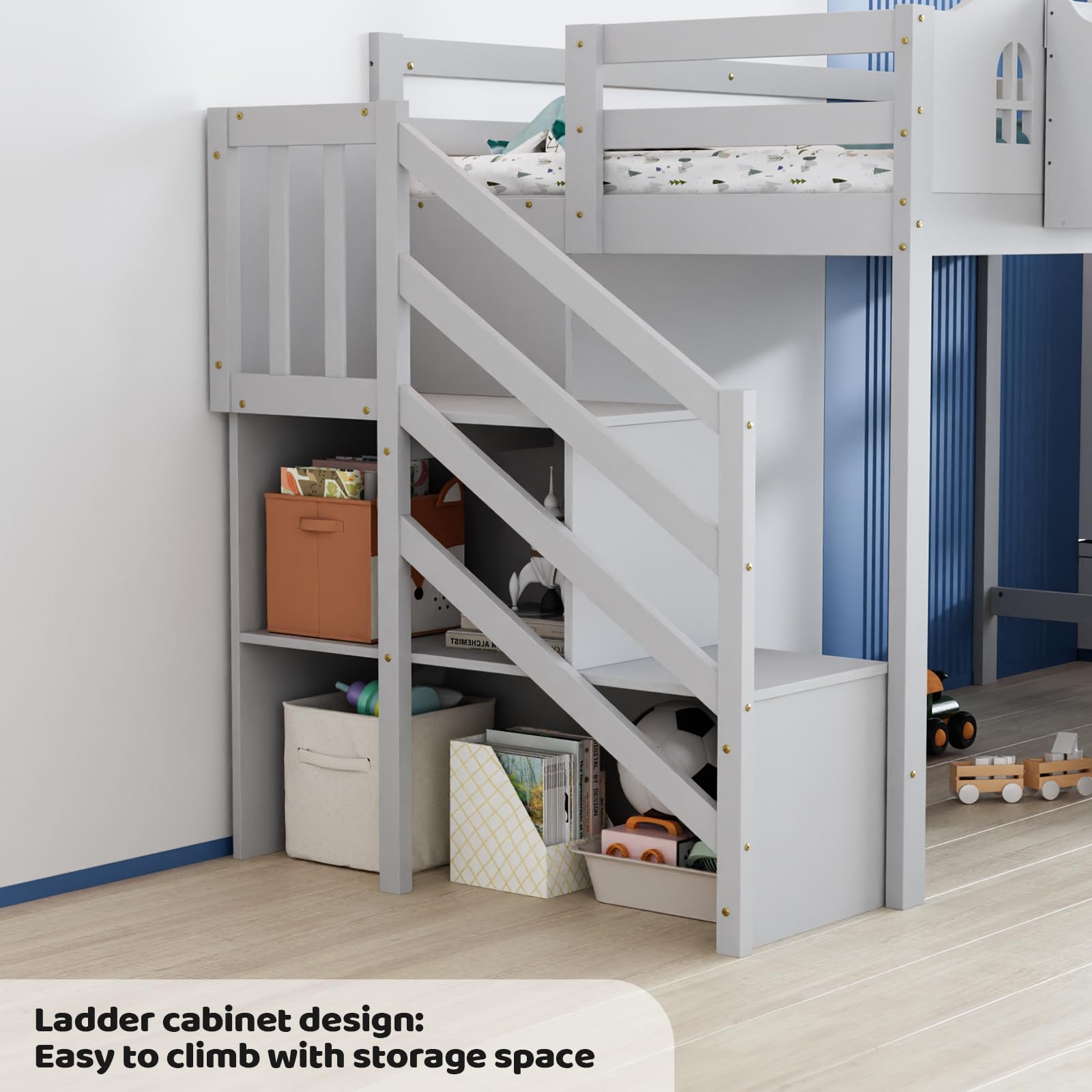 JOYMOR Low Loft Bed Twin Size with LED Lights, 4 Storage Shelves, Removable Curtain, Kids Wood Loft Bed with 15" H Safety Guardrail, Spave Saving, Mattress Not Included (Gray)