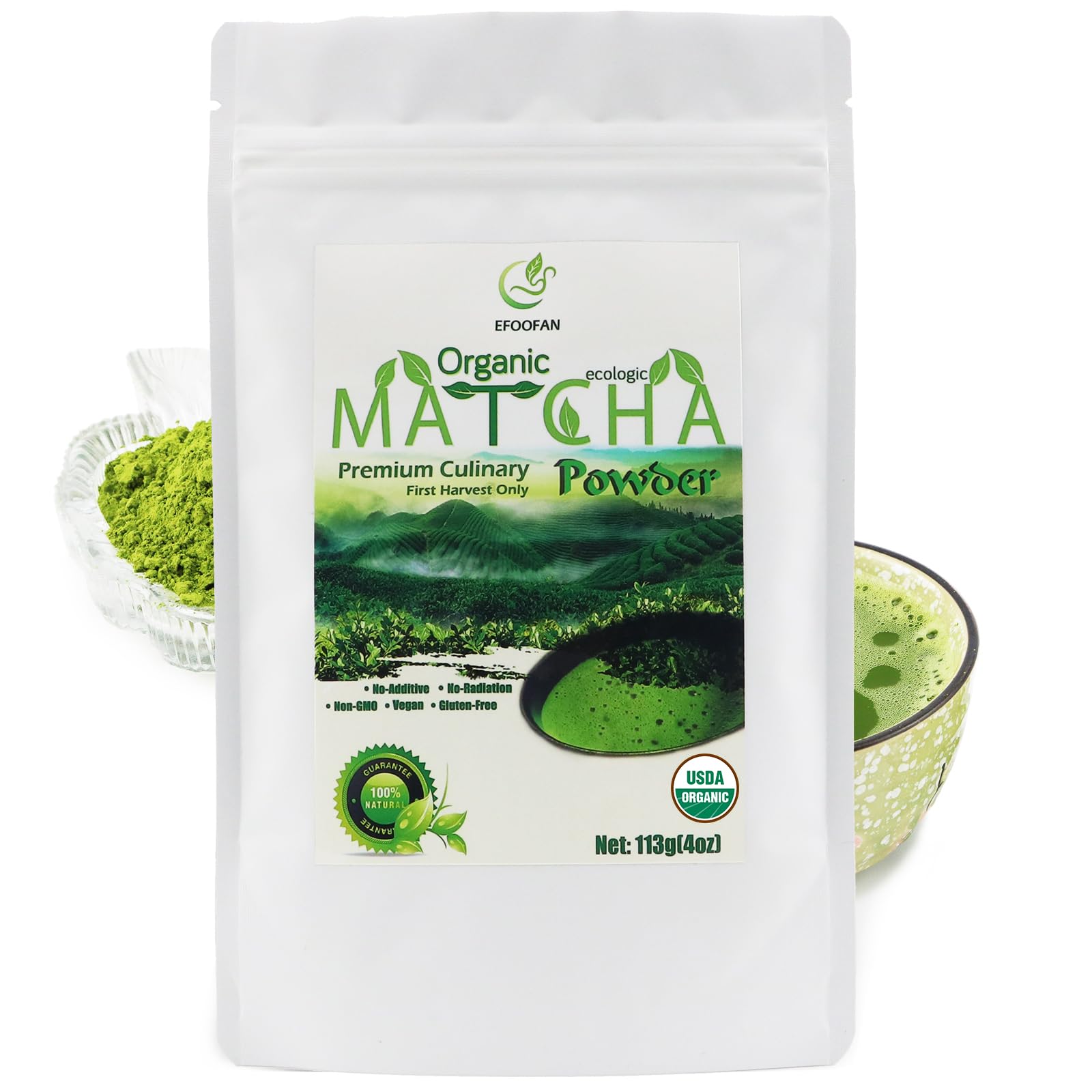 EFOOFAN USDA & COR Certified Organic Ceremonial Grade Matcha Powder – First Harvest Shade-Grown Tencha from Hangzhou, Vibrant Jade Green & Smooth Umami, No Sugar, Ideal for Traditional Tea or Latte (45g Tin)
