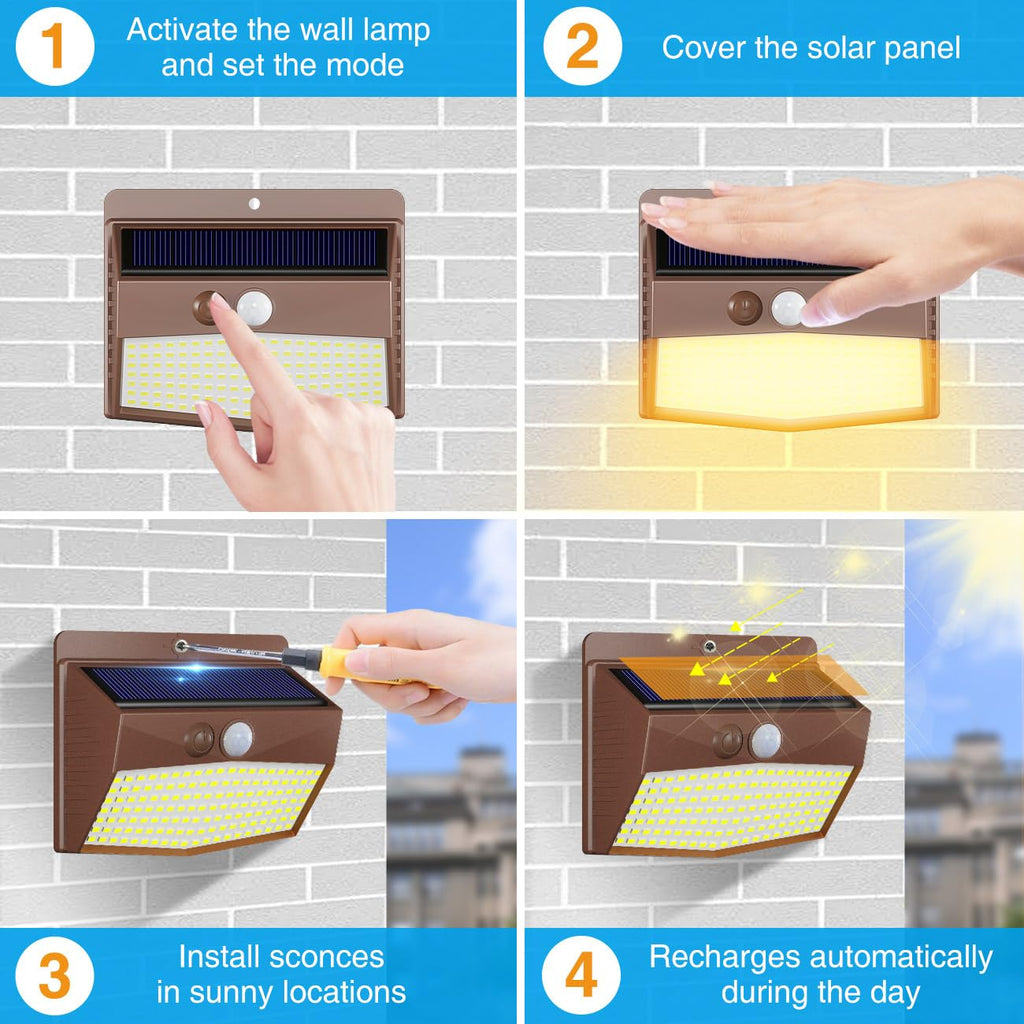 Peasur 1 Pack Solar Motion Lights Outdoor, Solar Security Light with 3 Modes, IP65 Waterproof Flood Lights Outside for Camping Garden Patio Garage Backyard, Brown Warm
