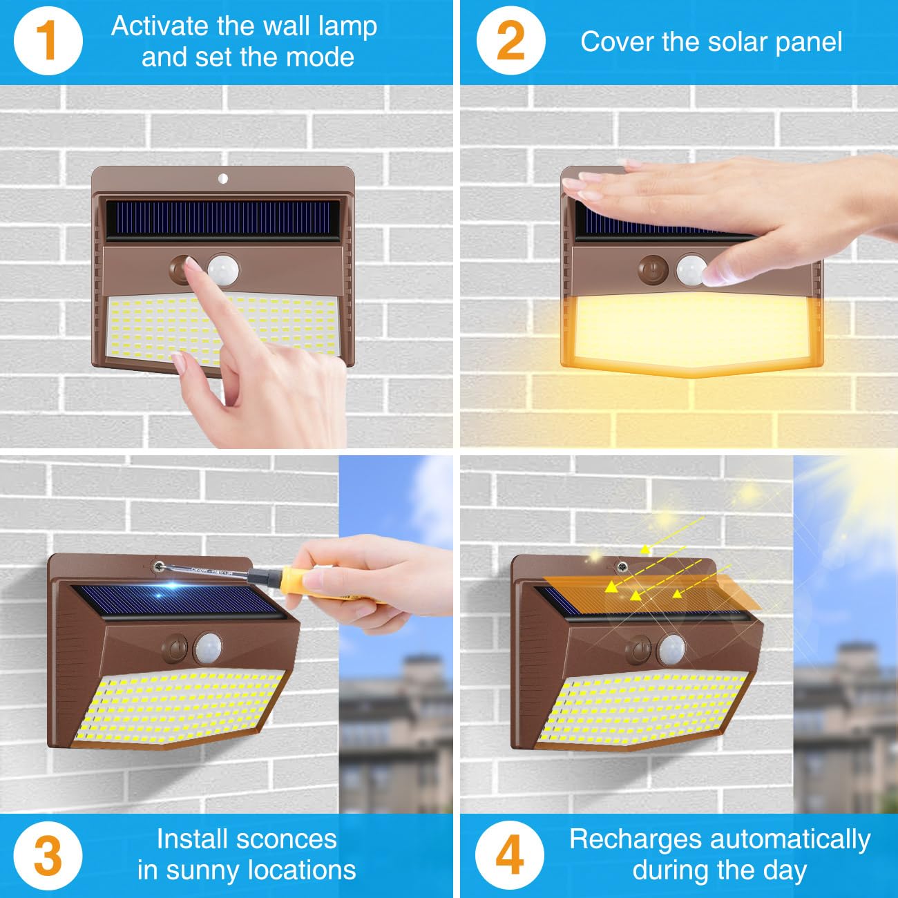 Peasur 1 Pack Solar Motion Lights Outdoor, Solar Security Light with 3 Modes, IP65 Waterproof Flood Lights Outside for Camping Garden Patio Garage Backyard, Brown Warm