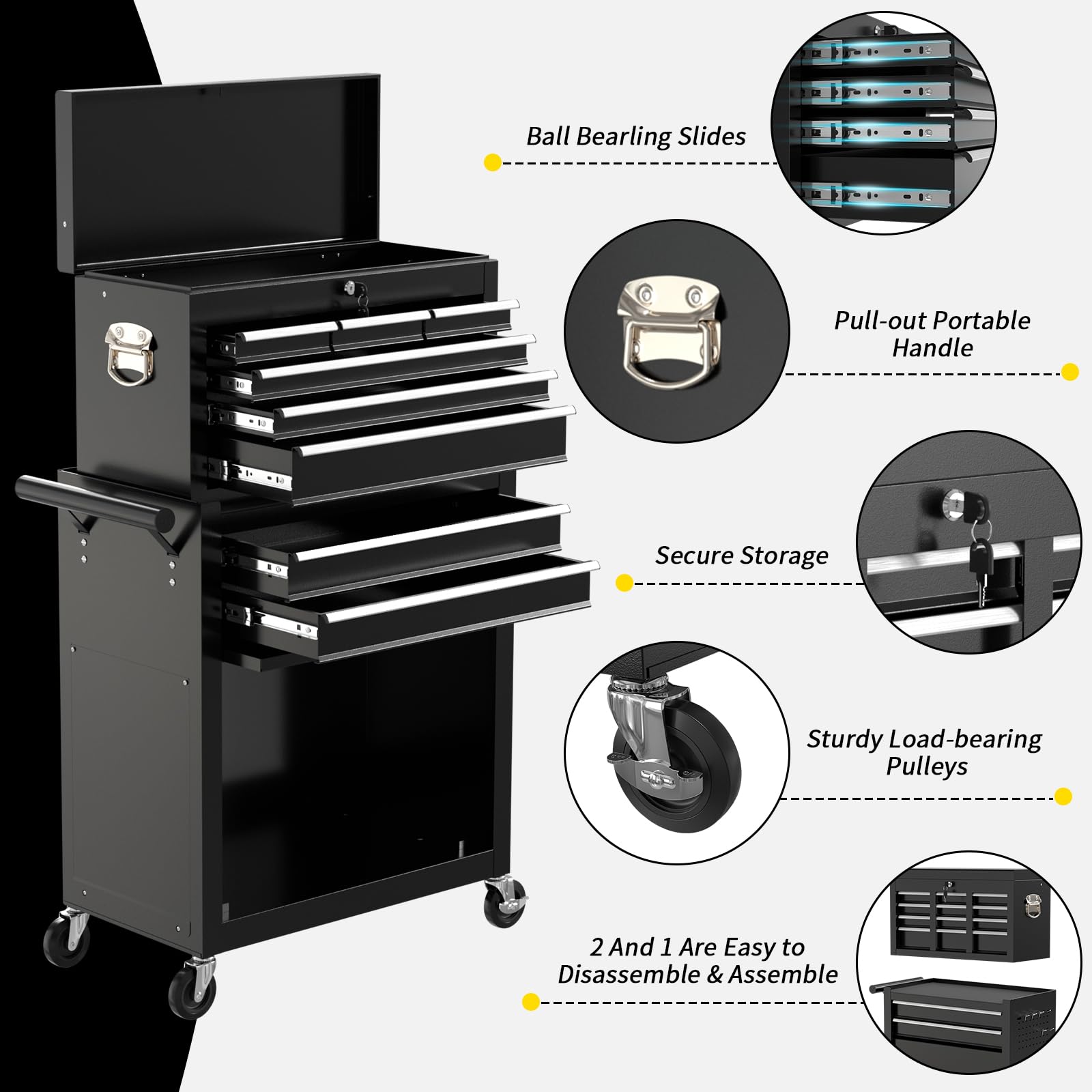 On Shine 8 Drawer Rolling Tool Chest, Large Capacity Rolling Tool Box with Wheels, Locking Mechanical Tool Chest, Portable Tool Box with Sliding Drawers for Garage Workshop and Tool Room (Black)