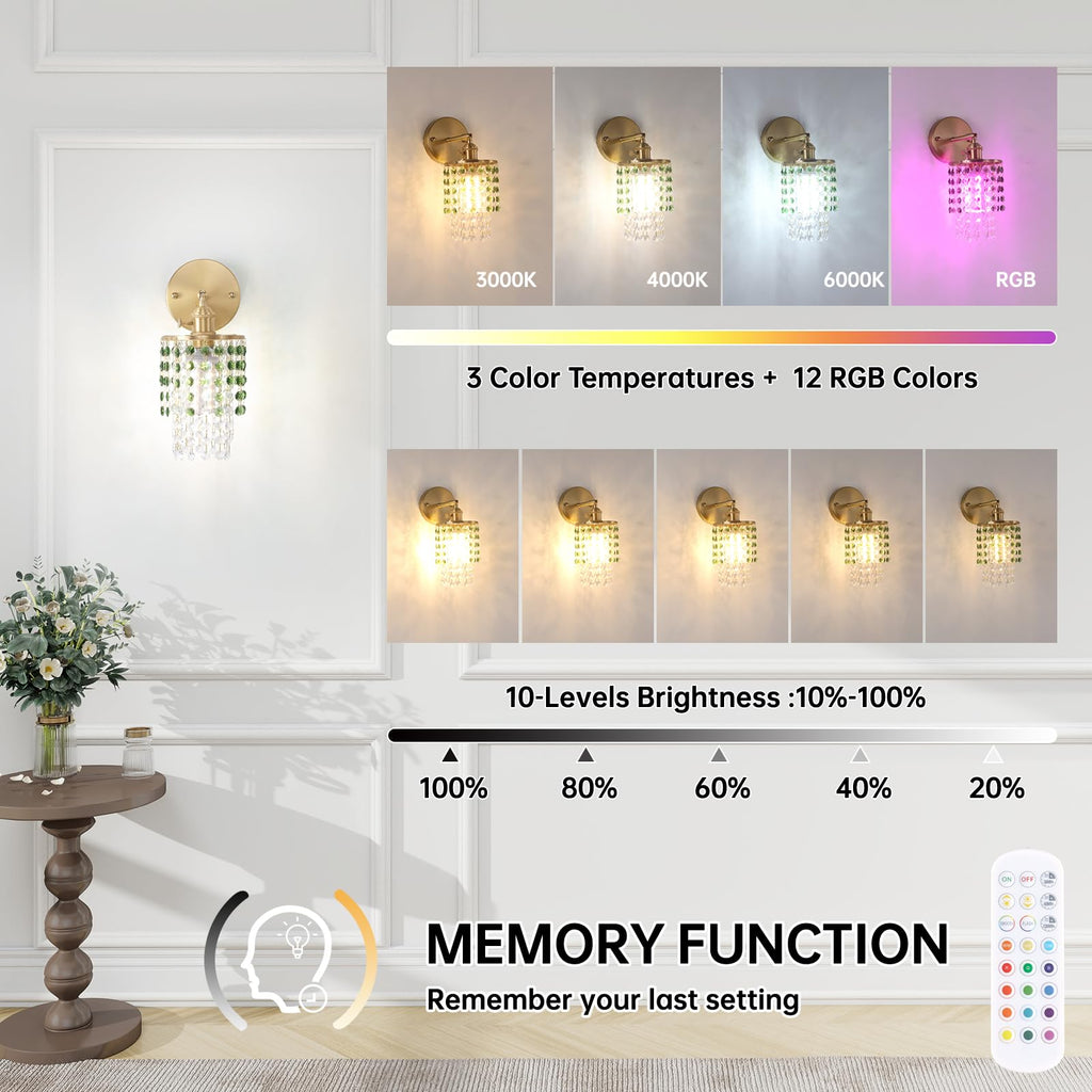 Shenmoyl Set of 2 Crystal Battery Operated Wall Sconce, Rechargeable Battery Powered Wall Lamp with Remote Control, Modern Dimmable Wall Lights for Bedroom Bathroom(Green, Gold Base)