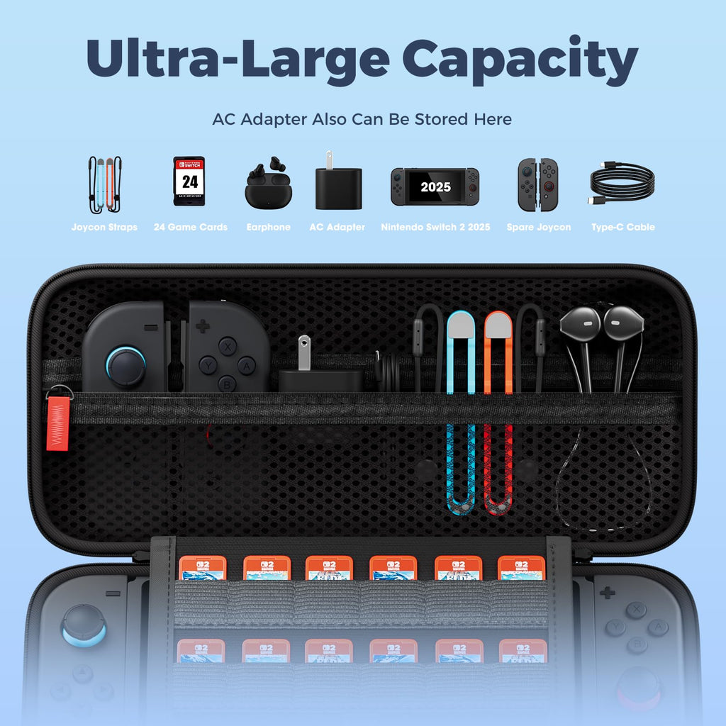 ProCase Carrying Case for Nintendo Switch 2 (2025) with 24 Game Card Slots, Hard Portable Travel Case Storage Bag Protective Pouch for 2025 Nintendo Switch 2 Console AC Adapter & Accessories -Black,L