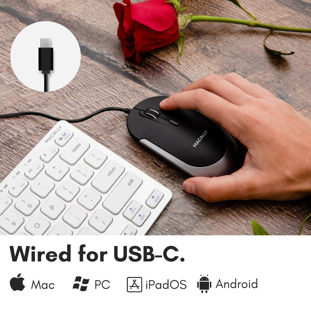 Macally Wired USB C Mouse for Mac and PC - Slim, Quiet, and Reliable - Type C Mouse for MacBook Pro/Air, iMac, Apple iPad, Laptop, Computer Desktop with 3 Button, Scroll Wheel, USBC, and 4 DPI Mode