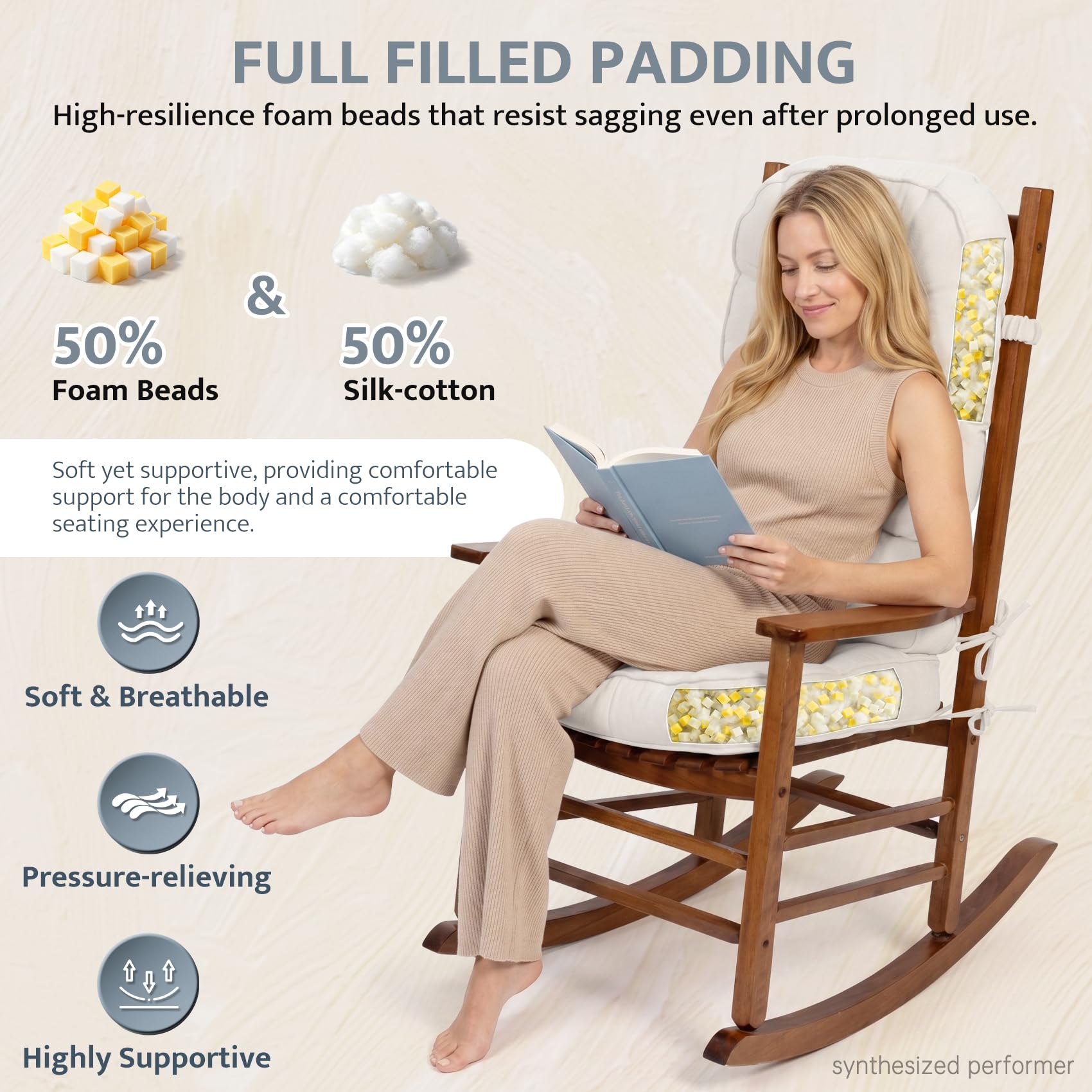 mudilun Rocking Chair Cushion - Non-Slip Tufted 4-Inch Thickened Rocking Chair Cushions with Ties Indoor/Outdoor Wooden Rocking Chair Pad for Living Rooms, Bedrooms, and Balconies