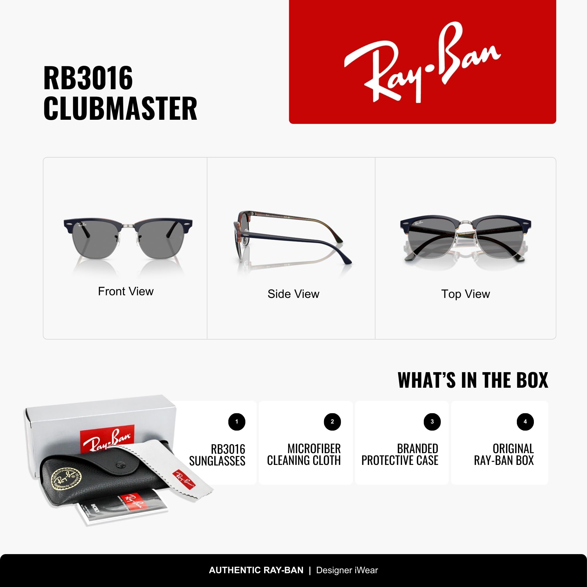 Ray-Ban RB3016 Clubmaster Classic Square Sunglasses for Men for Women