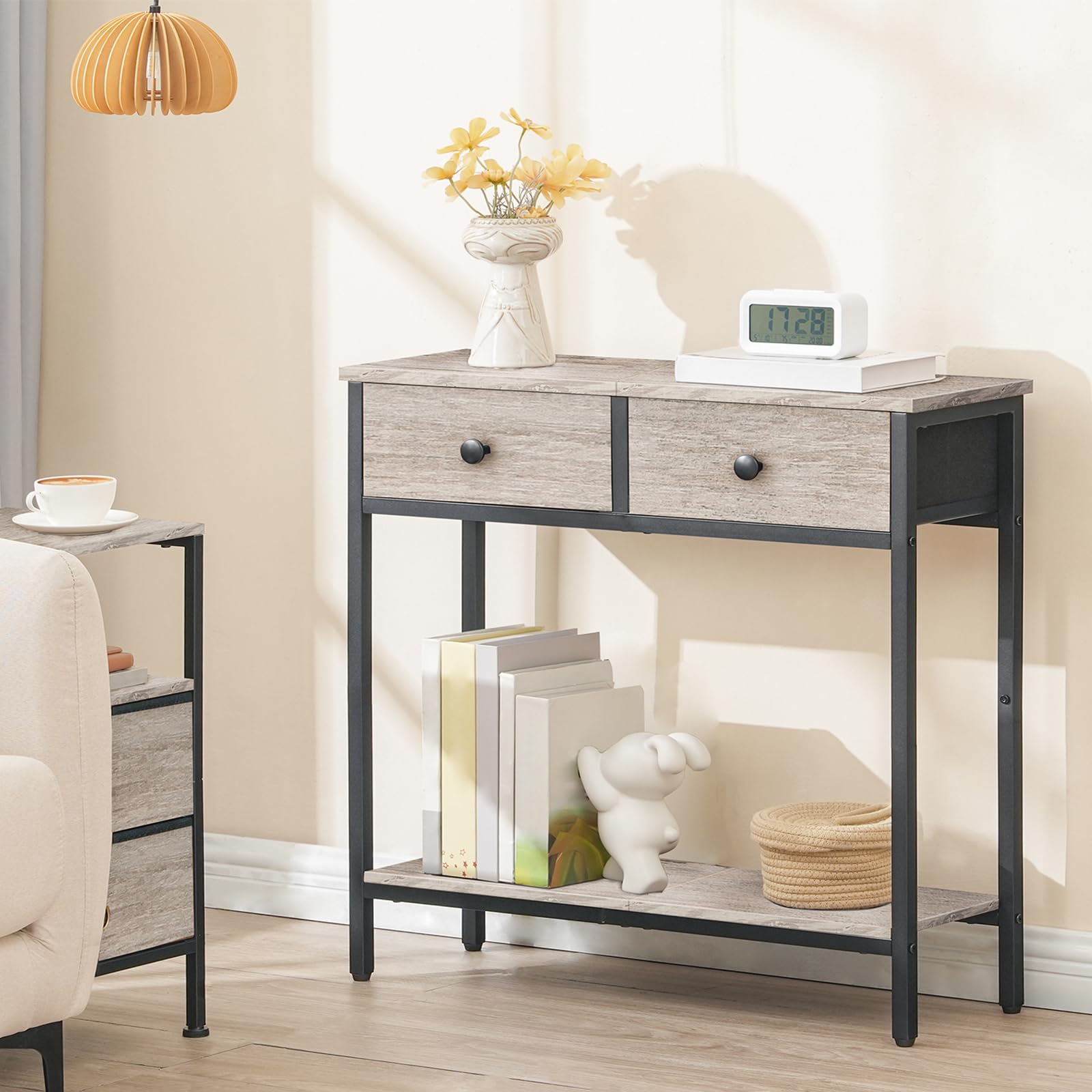 HOOBRO 29.5" Narrow Console Table with 2 Fabric Drawers, Small Entryway Table with 2-Tier Storage Shelves, Sofa Table, Behind Couch Table, for Living Room, Hallway, Black BB71XG01