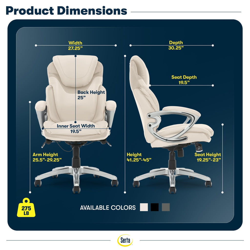 Serta Bryce Executive Office Chair - Ergonomic Computer DeskChair with Lumbar Technology - Adjustable Height - Memory Foam Body Pillows - 360° Swivel Rolling Base - Bonded Leather - Black