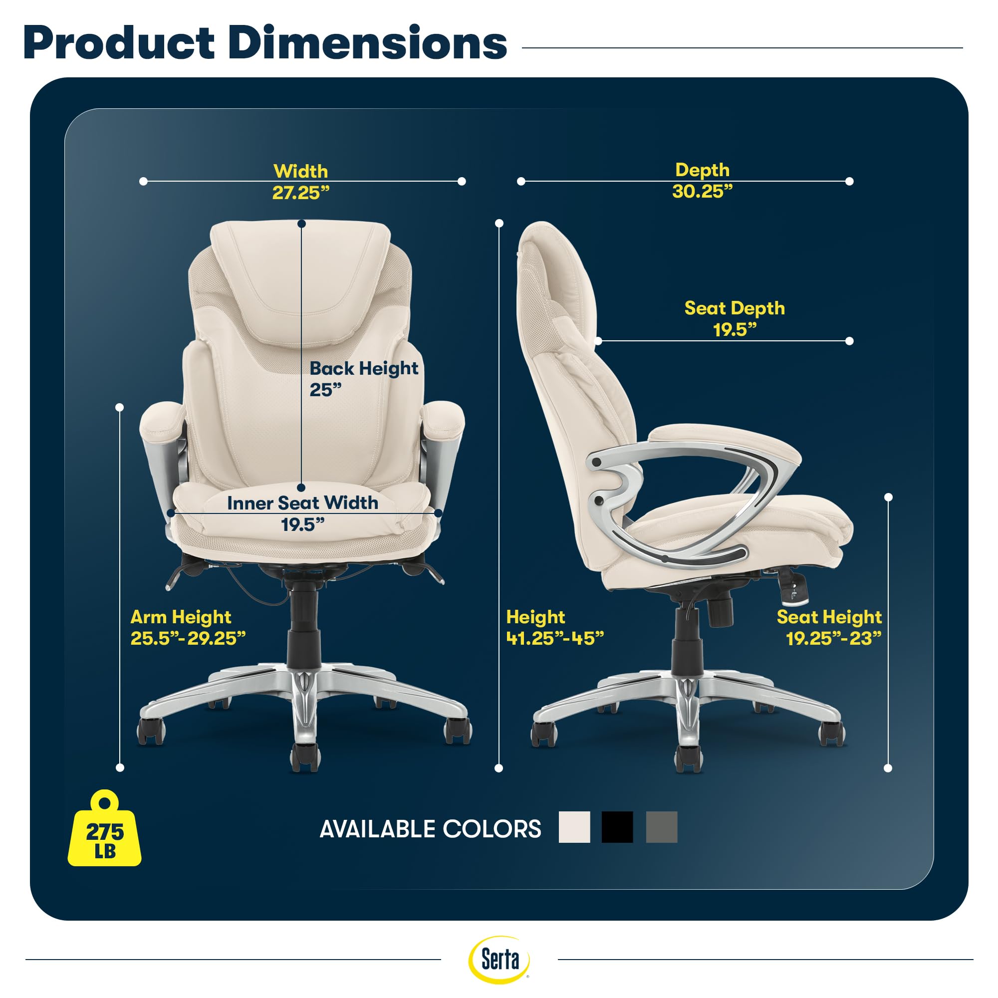 Serta Bryce Executive Office Chair - Ergonomic Computer DeskChair with Lumbar Technology - Adjustable Height - Memory Foam Body Pillows - 360° Swivel Rolling Base - Bonded Leather - Black