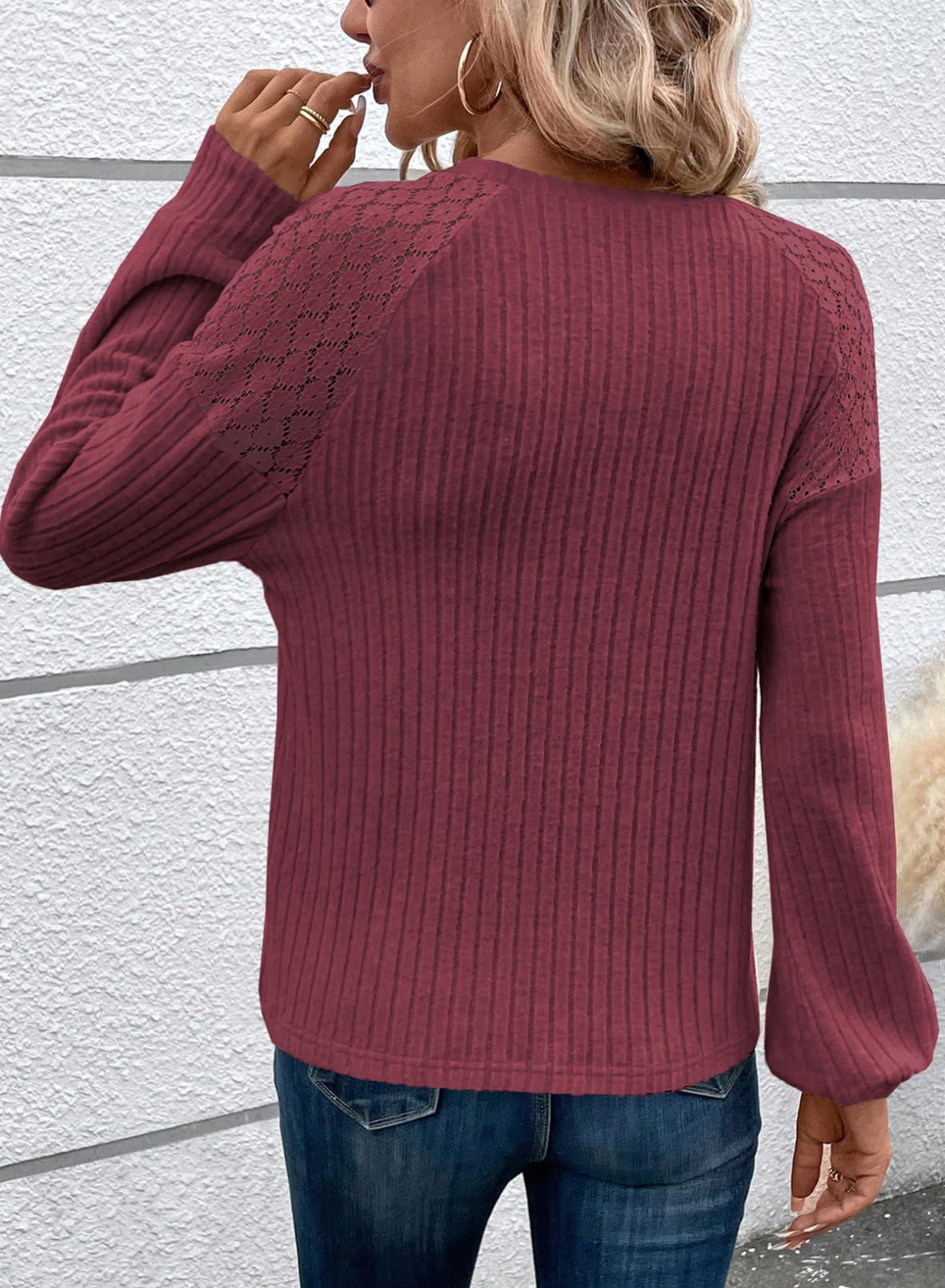 Acelitt Womens Fall Long Sleeve Tunic Tops Casual Crew Neck Dressy Shirt Lace Patchwork Blouses Pullover Sweaters
