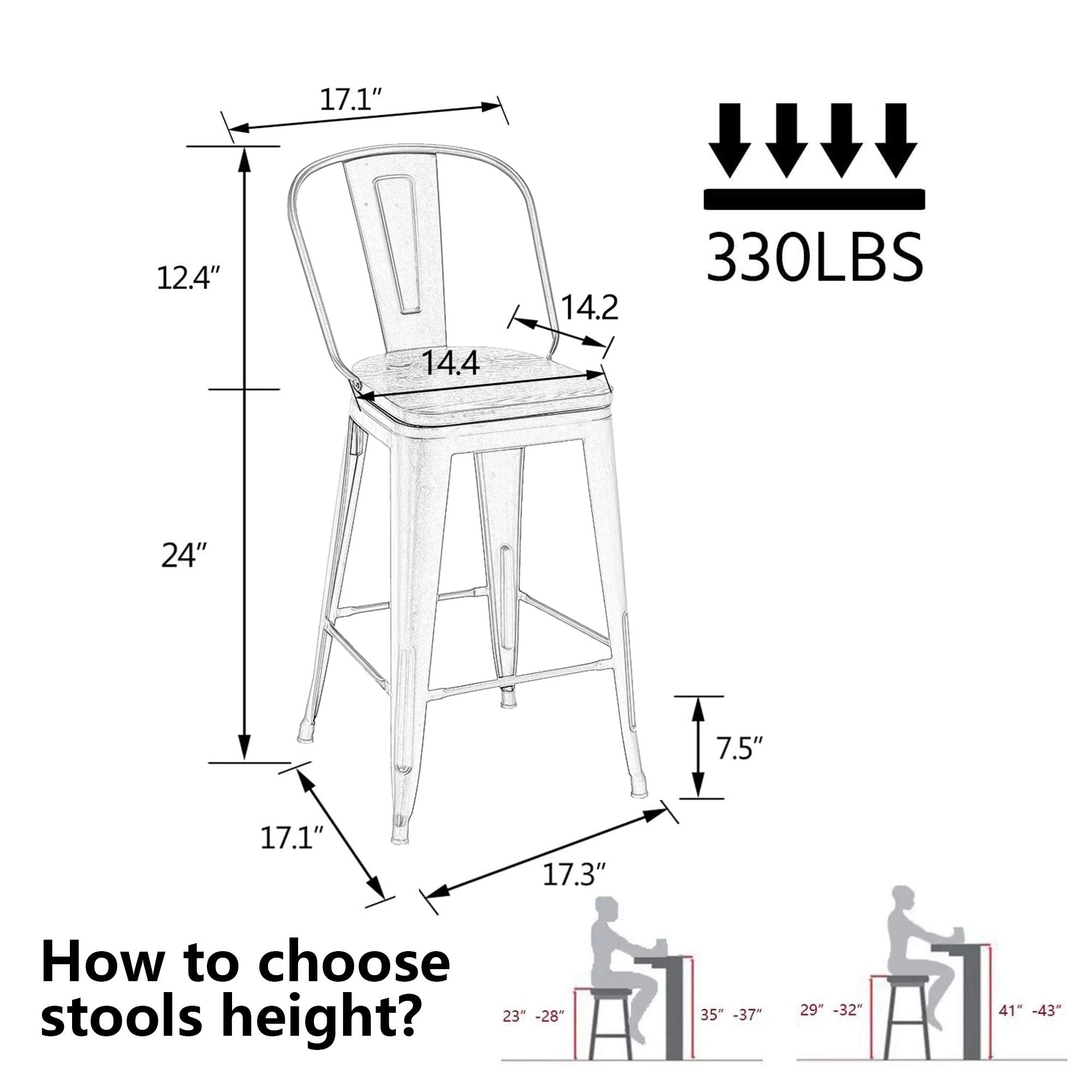 Alunaune 24" Swivel Metal Bar Stools Set of 4 High Back Counter Height Barstools Industrial Dining Bar Chairs with Large Wooden Seat-Matte Black