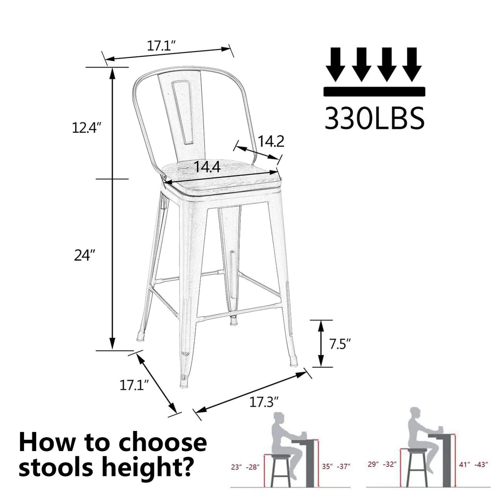 Alunaune 24" Swivel Metal Bar Stools Set of 4 High Back Counter Height Barstools Industrial Dining Bar Chairs with Large Wooden Seat-Matte Black