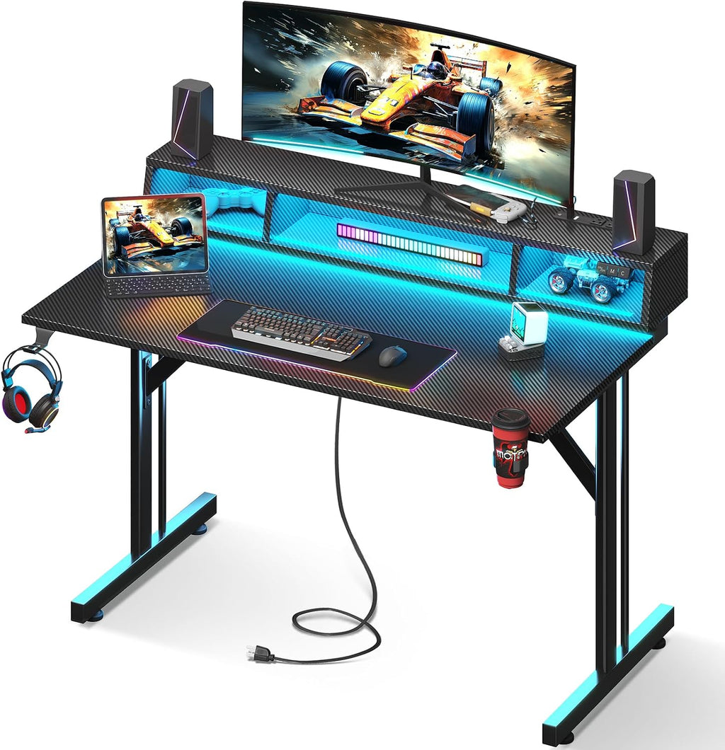 MOTPK 40 inch Gaming Desk with LED Lights & Power Outlets, Small Computer Gaming Table with Float Monitor Stand, Kids Boys Desk with Carbon Fiber Texture