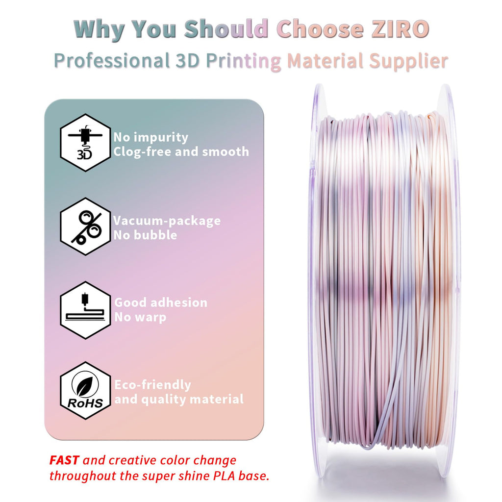 ZIRO Fast Color Change PLA, 1.75mm Color Gradient Filament, Glossy Rainbow PLA Filaments, Fit Most 3D Printer Pen, Shiny Surface 1KG/2.2lbs Spool, Aqua Sky (Silk)