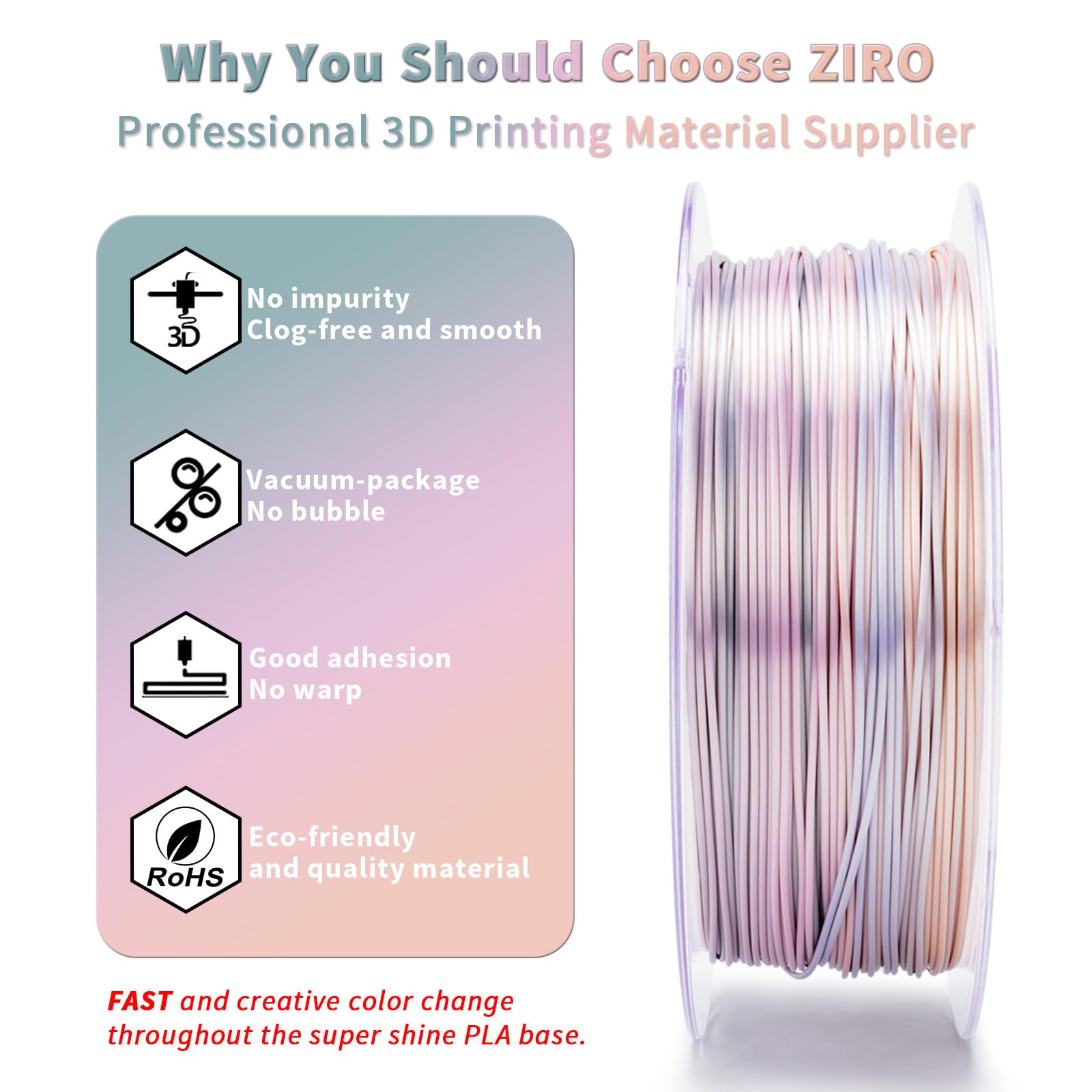 ZIRO Fast Color Change PLA, 1.75mm Color Gradient Filament, Glossy Rainbow PLA Filaments, Fit Most 3D Printer Pen, Shiny Surface 1KG/2.2lbs Spool, Aqua Sky (Silk)
